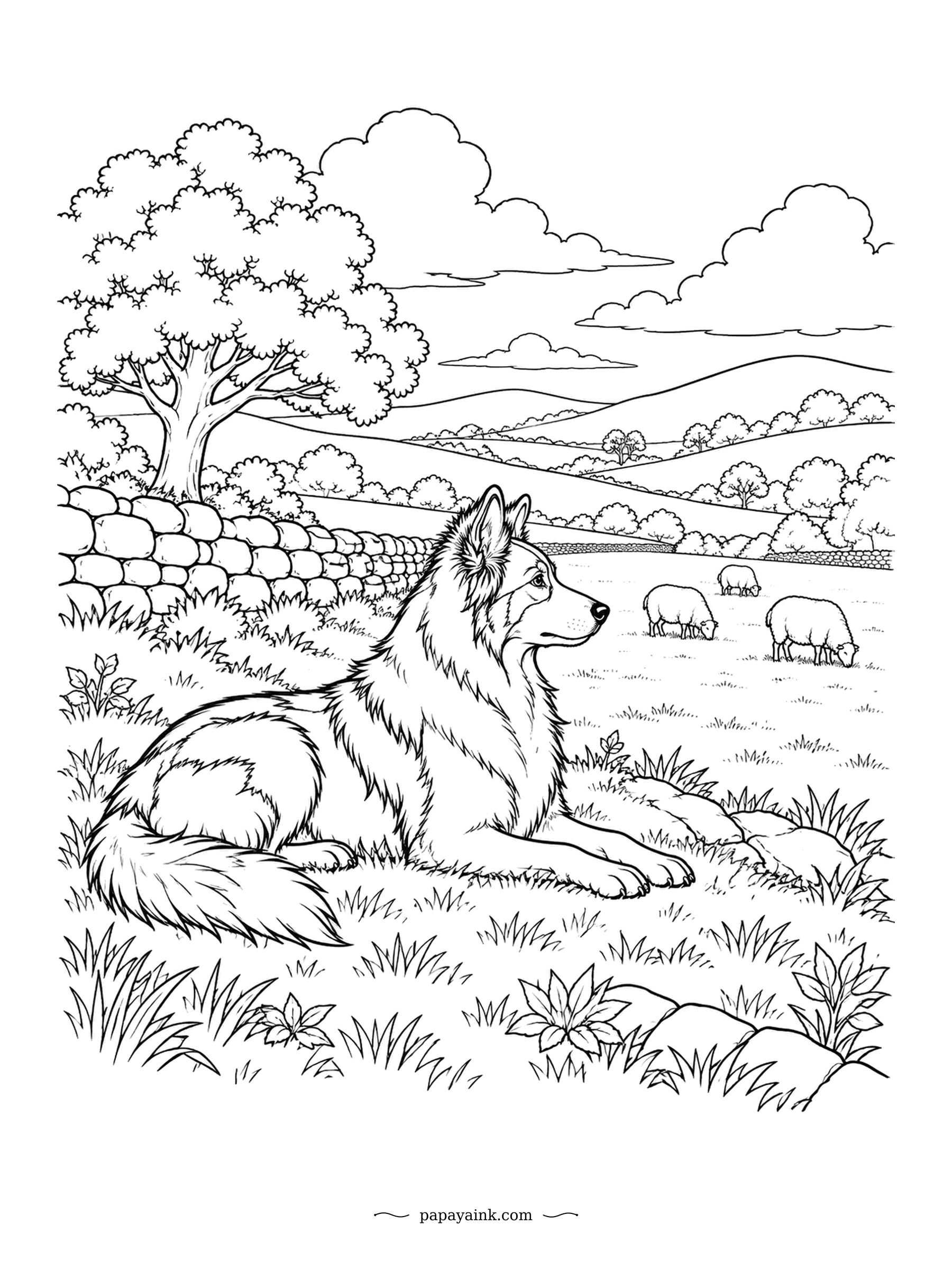 Dog Coloring Pages - Even lying down, a border collie is working. Ears up and eyes fixed on the three sheep beyond the old field wall, this one is ready to move at the first signal. Rolling hills and hedgerows fill the background.