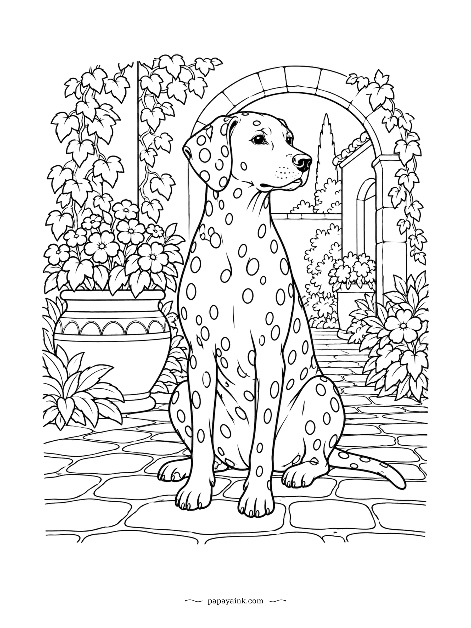 Dog Coloring Pages - Ivy climbs the old brick arch, cobbles pave the courtyard, and the Dalmatian sits perfectly still to show off its spots. No two dogs share the same pattern. Plenty of flowers and foliage to fill around it.