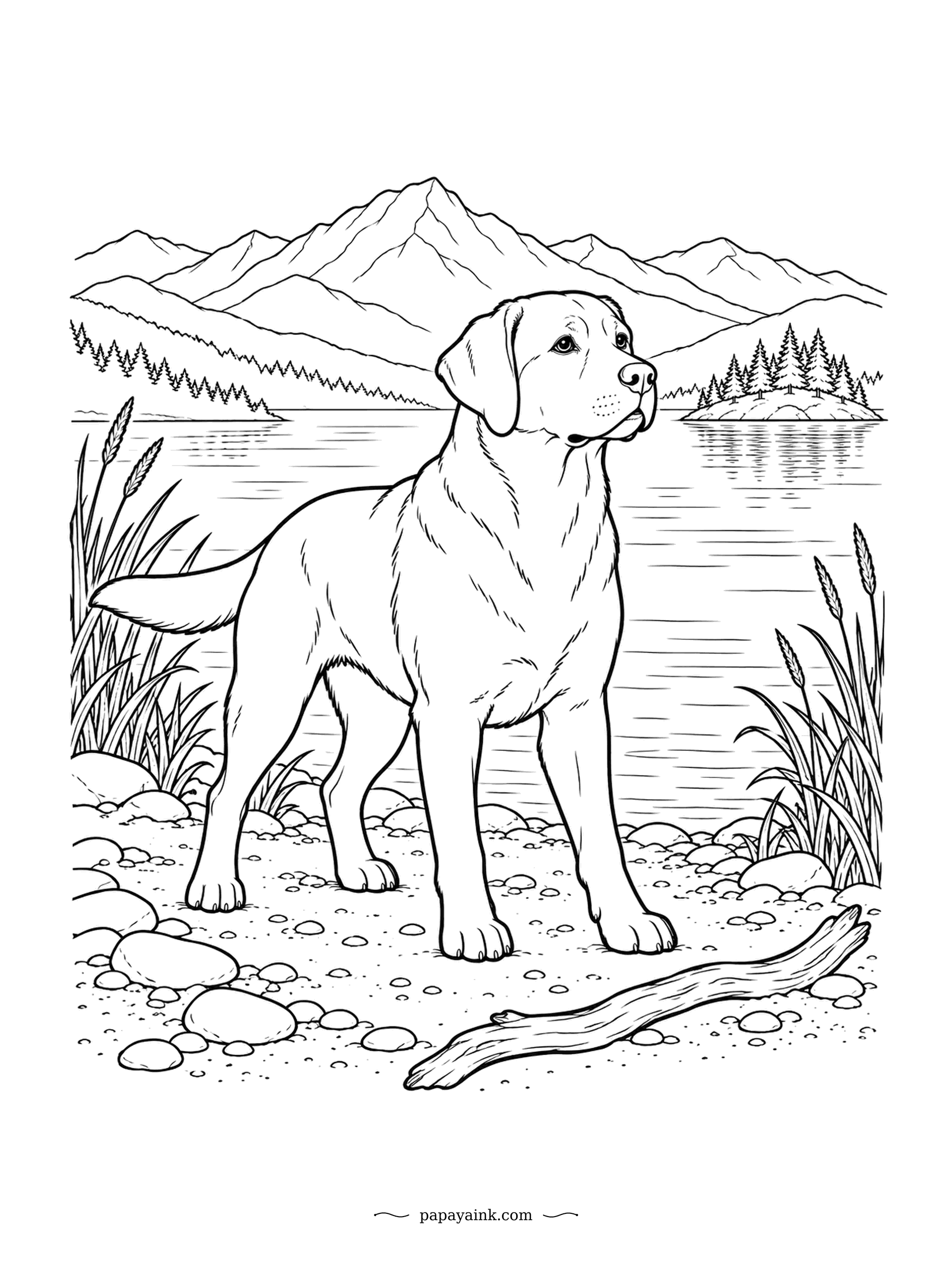 Dog Coloring Pages - A piece of driftwood lies at its feet, but the Labrador is looking out across the lake as though there might be something better to retrieve. Reeds, pebbles and mountains frame the shoreline. Soft golden yellows suit the coat here.