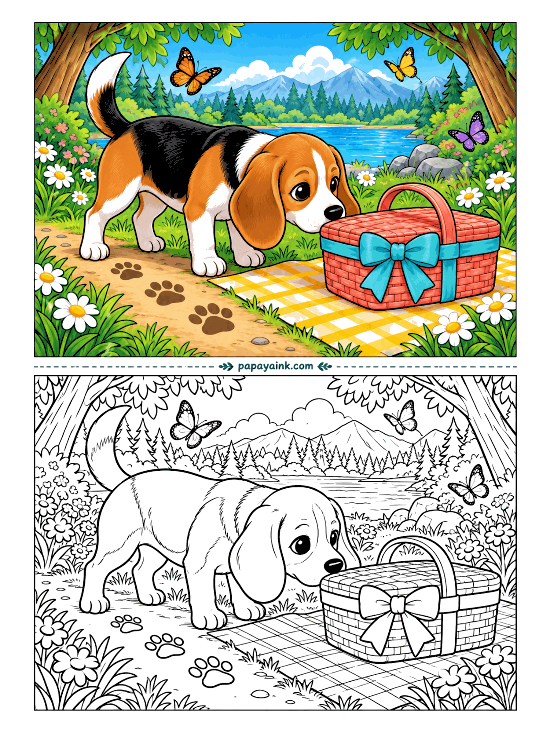 Dog Coloring Pages - A beagle's nose has found the picnic before the picnickers did. Muddy paw prints lead across the path to a basket tied shut with a bow, and the butterflies overhead are the only witnesses. The tricolor coat - black saddle, tan and white - is the main event here.