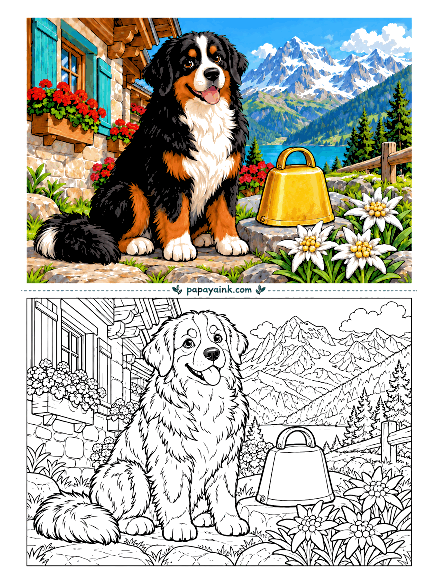 Dog Coloring Pages - Edelweiss, a brass cowbell, geraniums in the window box - the Bernese mountain dog fits the Alpine postcard so well it may have been hired for it. Snowy peaks and a lake close the view. Detailed - a tricolor coat of black, rust and white.