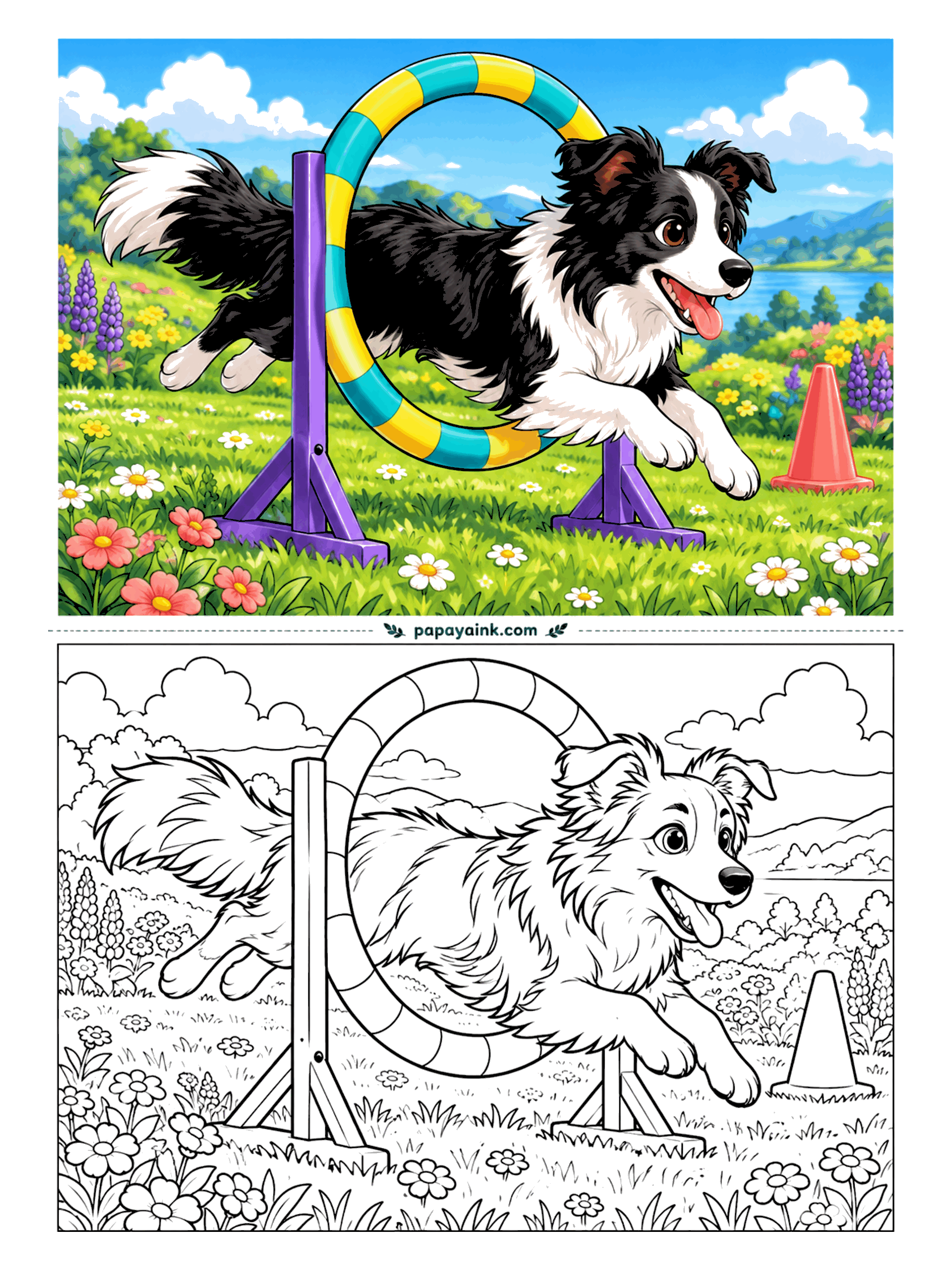 Dog Coloring Pages - Caught mid-air: a border collie clears the agility hoop with all four paws off the ground and its tongue flying. Meadow flowers and a distant lake stretch out behind the course. Keep the black-and-white coat crisp and let the striped hoop carry the bright colors.