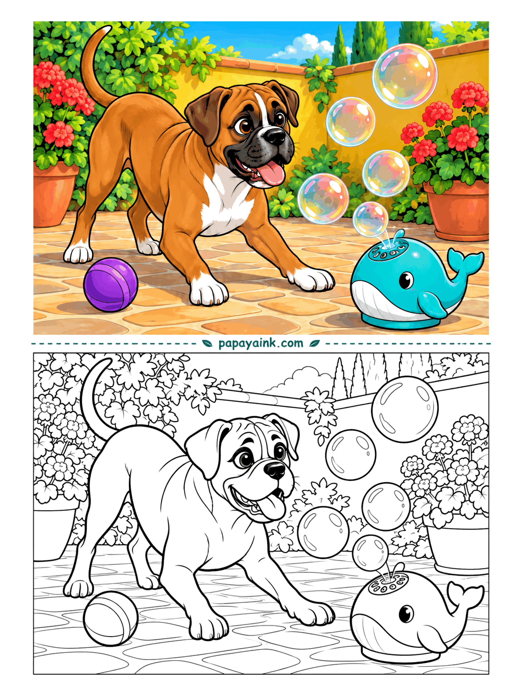 Dog Coloring Pages - The bubble machine is shaped like a whale, and the boxer has decided every bubble is personal. He drops into a play bow on the patio tiles, ball forgotten, eyes on the biggest one. A light wash of pink and blue on each bubble is enough.