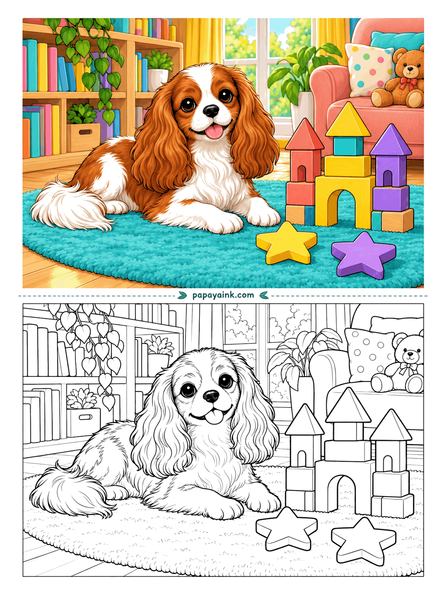 Dog Coloring Pages - A block castle has gone up on the playroom rug, and the Cavalier King Charles spaniel lying next to it is being very careful with that tail. Bookshelves, a teddy bear and an armchair make up the background. The long wavy ears are the part to take slowly.