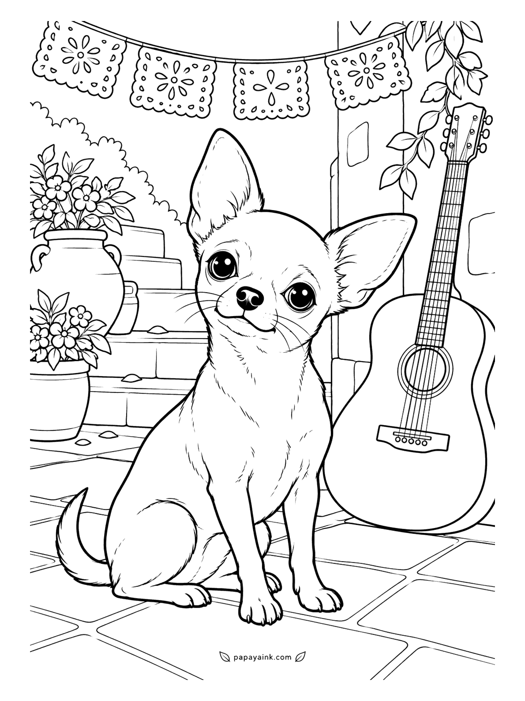 Dog Coloring Pages - The guitar is roughly twice the size of the musician. A Chihuahua sits on the patio tiles under a string of cut-paper banners, ears up, waiting for someone to play. Bold outlines and open shapes - bright colors belong on the banners and flower pots.