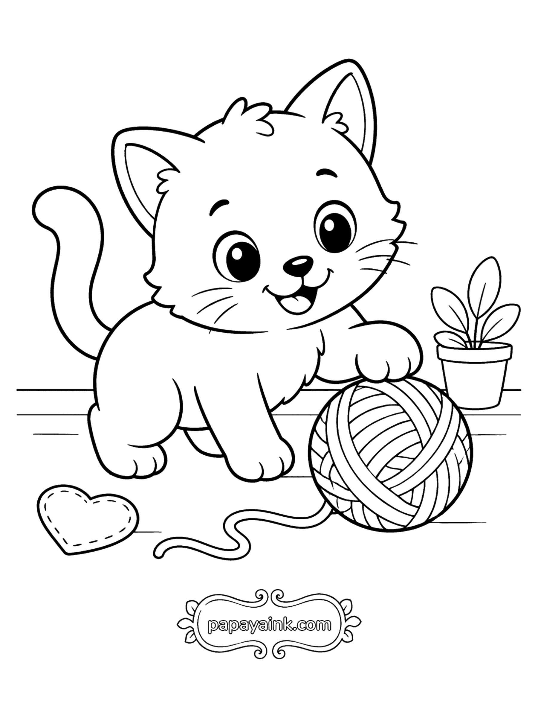 Cat Coloring Pages - Cute Kitten Playing with a Yarn Ball