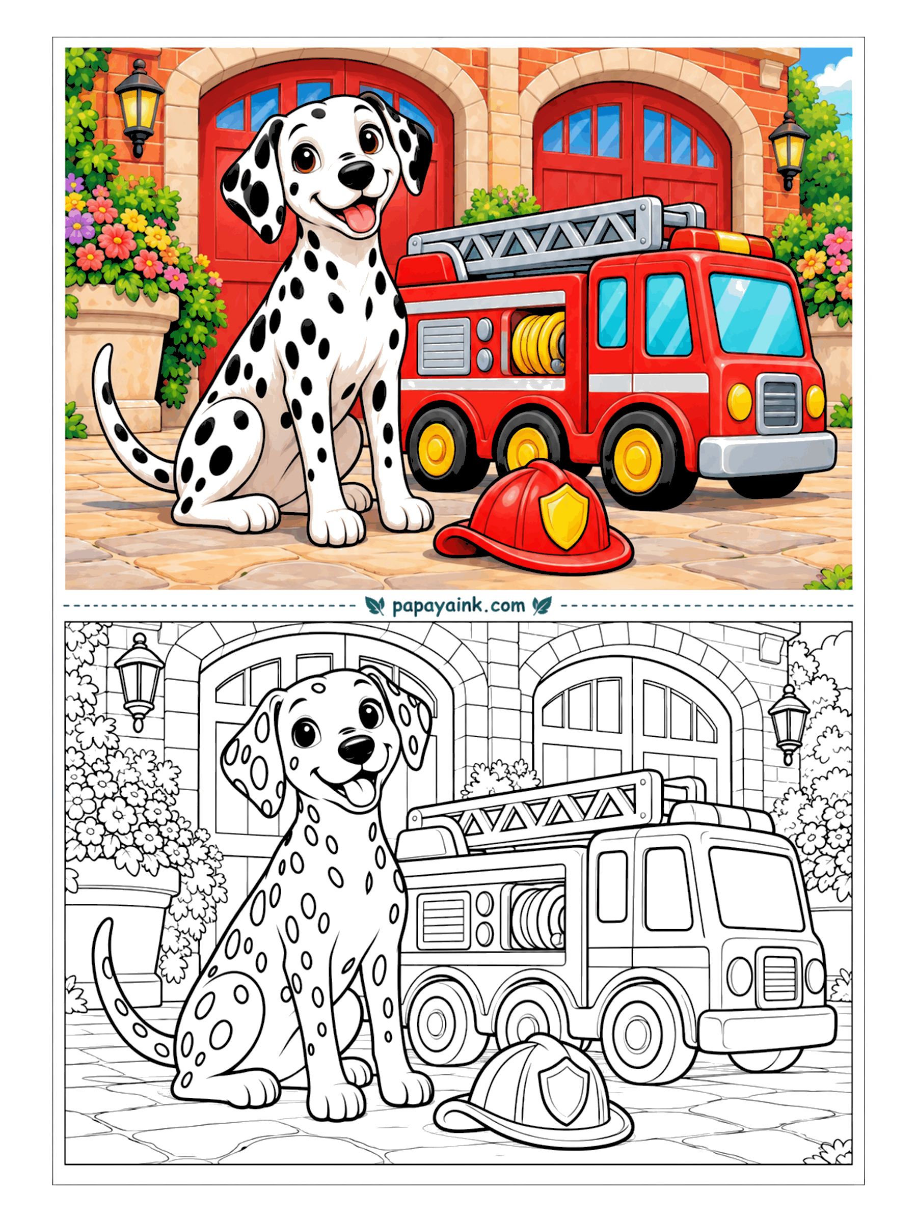 Dog Coloring Pages - Station mascot, reporting for duty. A Dalmatian sits in front of the red engine-house doors next to a toy ladder truck and a helmet that has clearly been set down for the photo. The spots are outlined, so each one can be filled in or left as a ring.