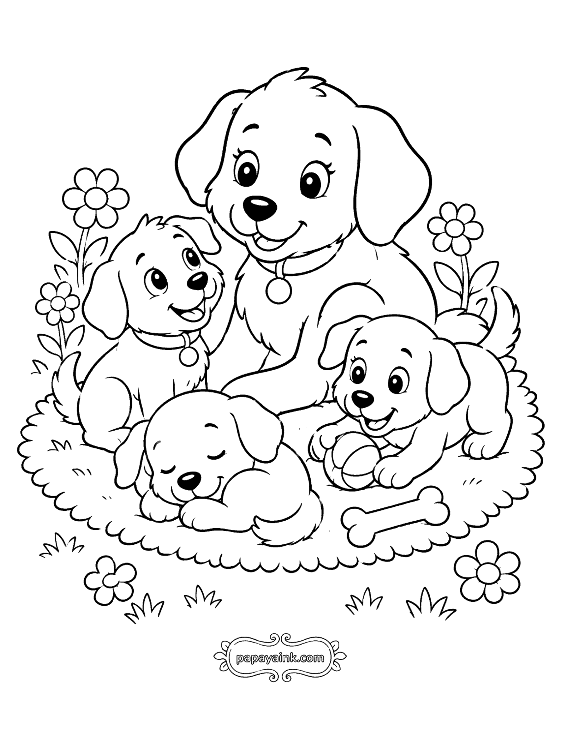 Dog Coloring Pages - Dog Family on a Blanket