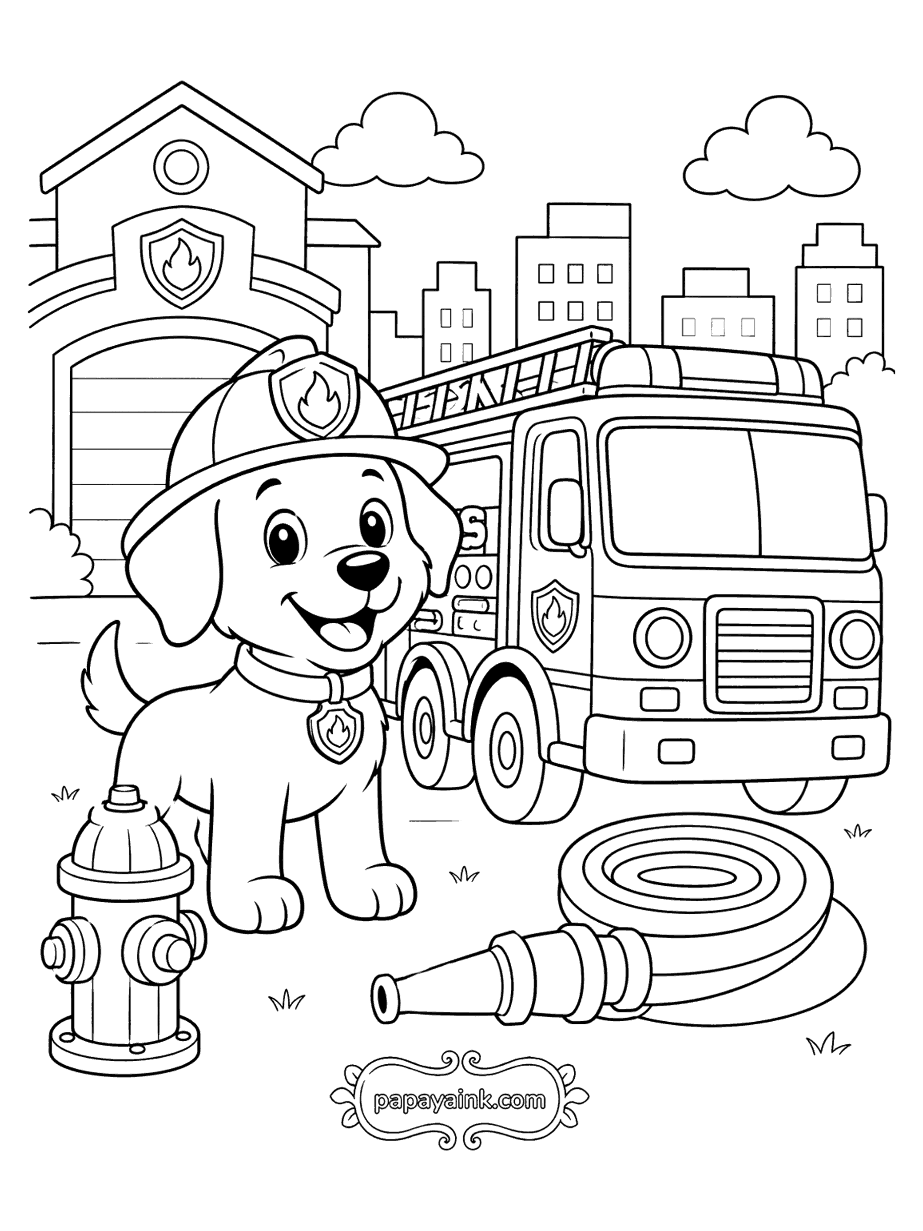 Dog Coloring Pages - Firefighter Puppy with a Fire Truck (Detailed)