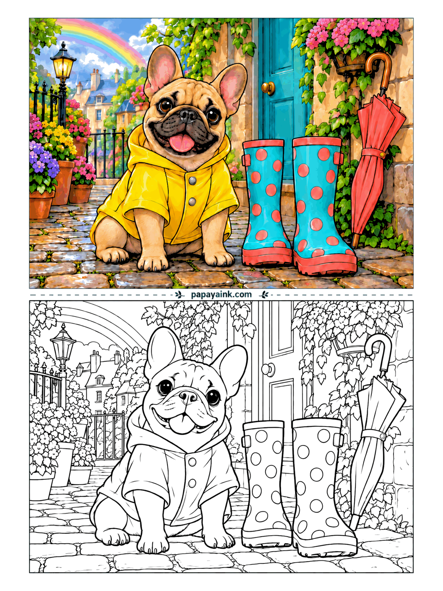 Dog Coloring Pages - The rain has stopped, the rainbow is out, and the French bulldog is still wearing the raincoat because it suits him. Polka-dot boots and a folded umbrella wait by the door on wet cobblestones. Leave a white streak on the yellow coat and it will look glossy.