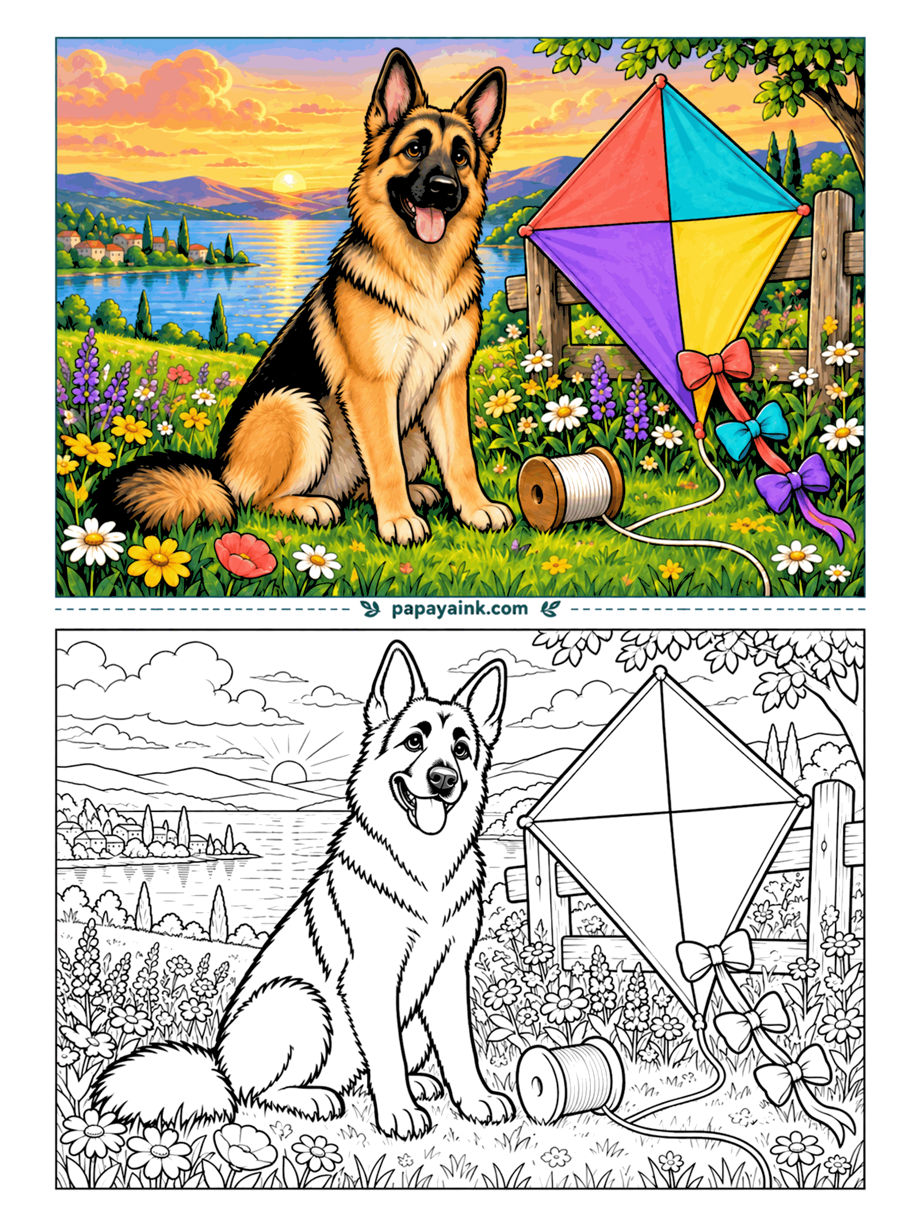 Dog Coloring Pages - Somebody has to guard the kite until the wind comes back. A German shepherd takes the job in a wildflower meadow by the lake, spool at its feet, the sun going down behind the hills. Detailed - save the warm oranges for the sky.