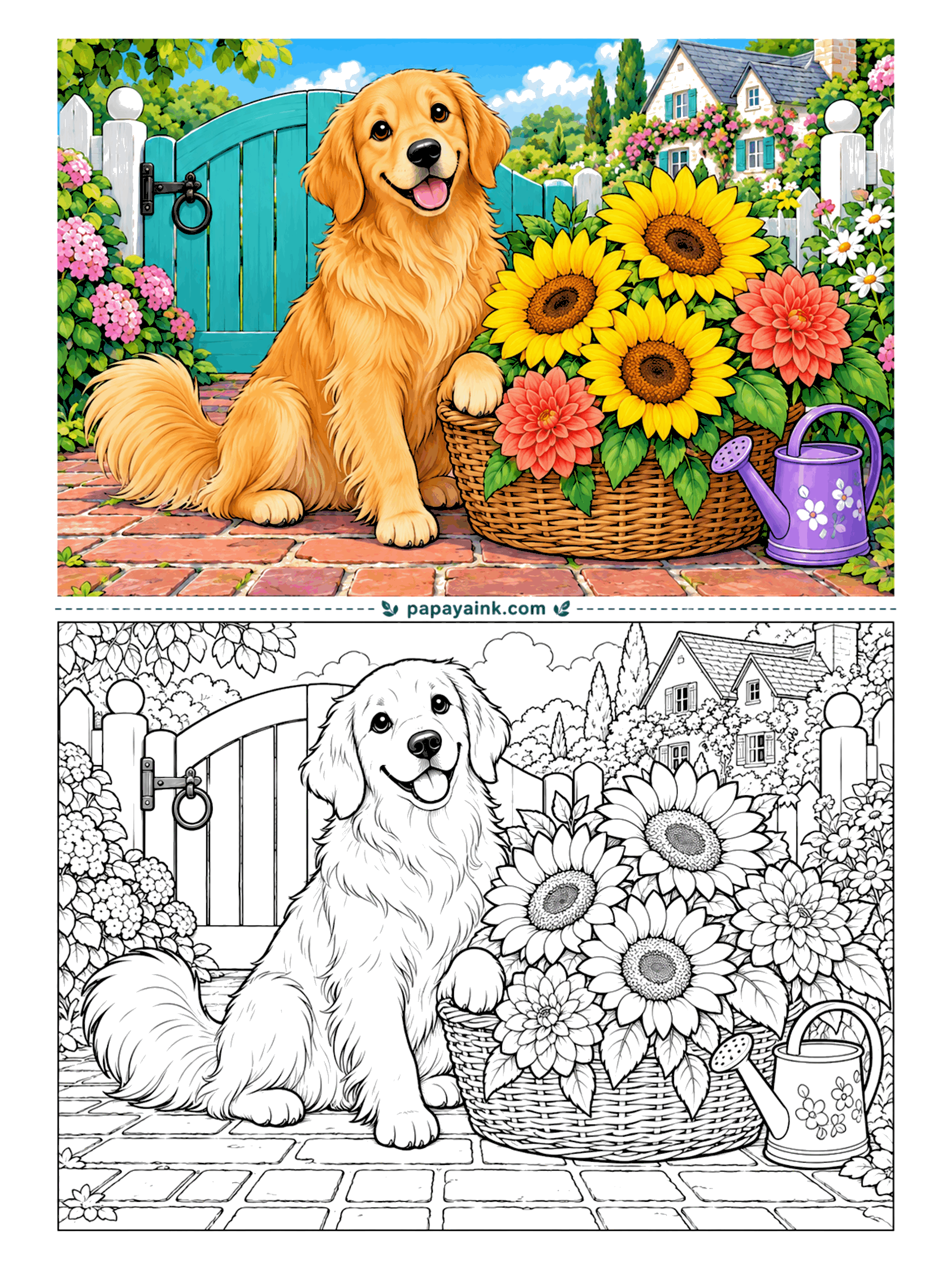 Dog Coloring Pages - One paw on the basket, in case anyone had doubts about whose sunflowers these are. A golden retriever sits by the garden gate on a brick path, feathered tail spread out behind. Detailed - seed heads, wicker and a cottage behind the hedge.