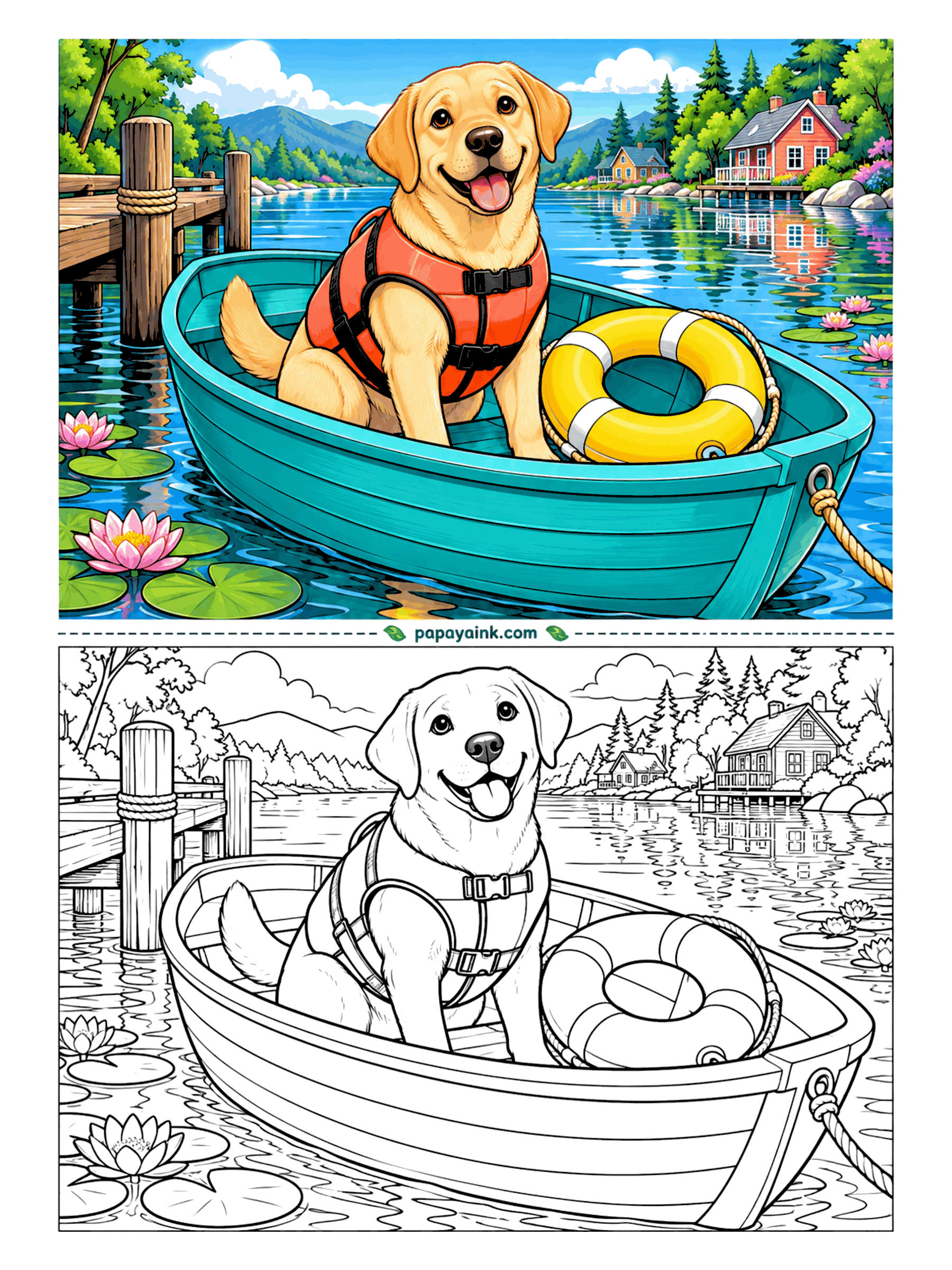 Dog Coloring Pages - Life jacket buckled, ring buoy within reach - this yellow Labrador takes boating rules more seriously than most people do. The rowboat is tied to the dock on a still lake dotted with water lilies. Smooth coat and wide planks make it a relaxed page.