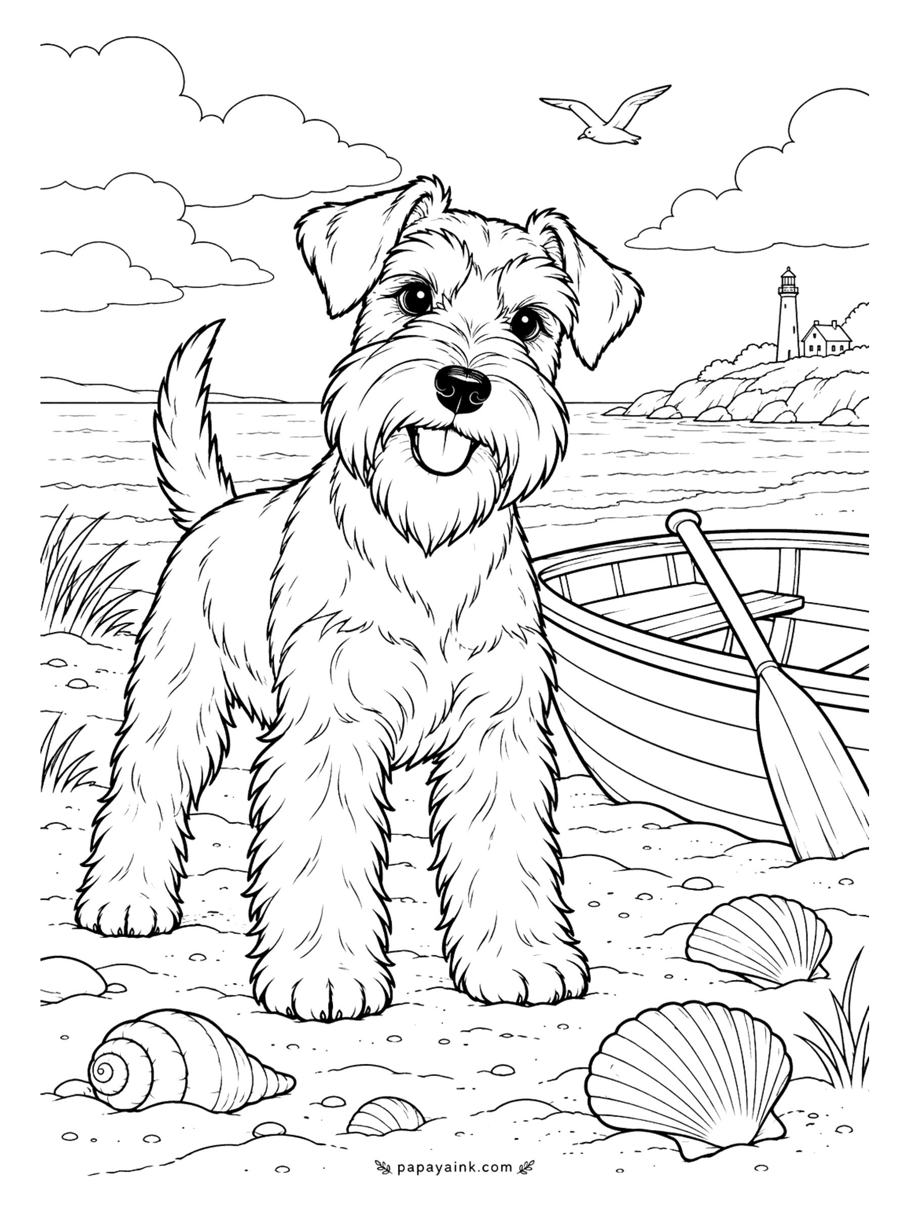 Dog Coloring Pages - Eyebrows and beard in order, a miniature schnauzer inspects the shoreline next to a beached rowboat. Scallop shells lie in the sand, a gull passes over, and a lighthouse marks the headland. Salt-and-pepper gray suits the coat, with a paler beard and legs.
