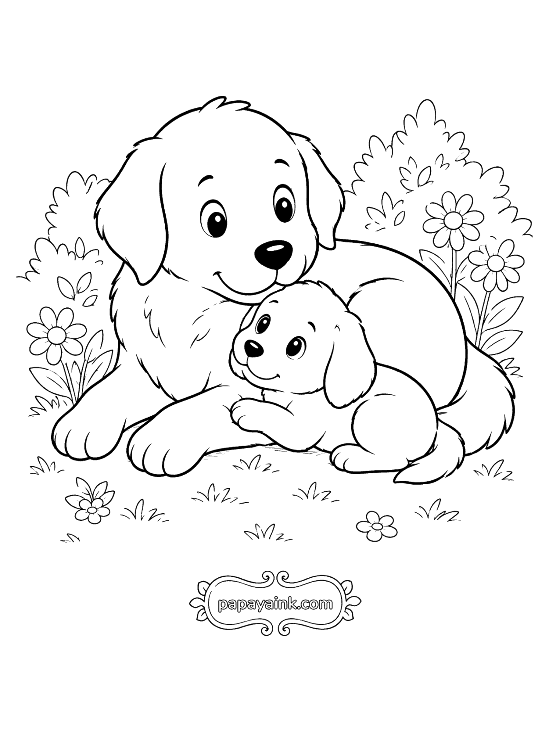 Dog Coloring Pages - Mother Dog Cuddling Her Puppy