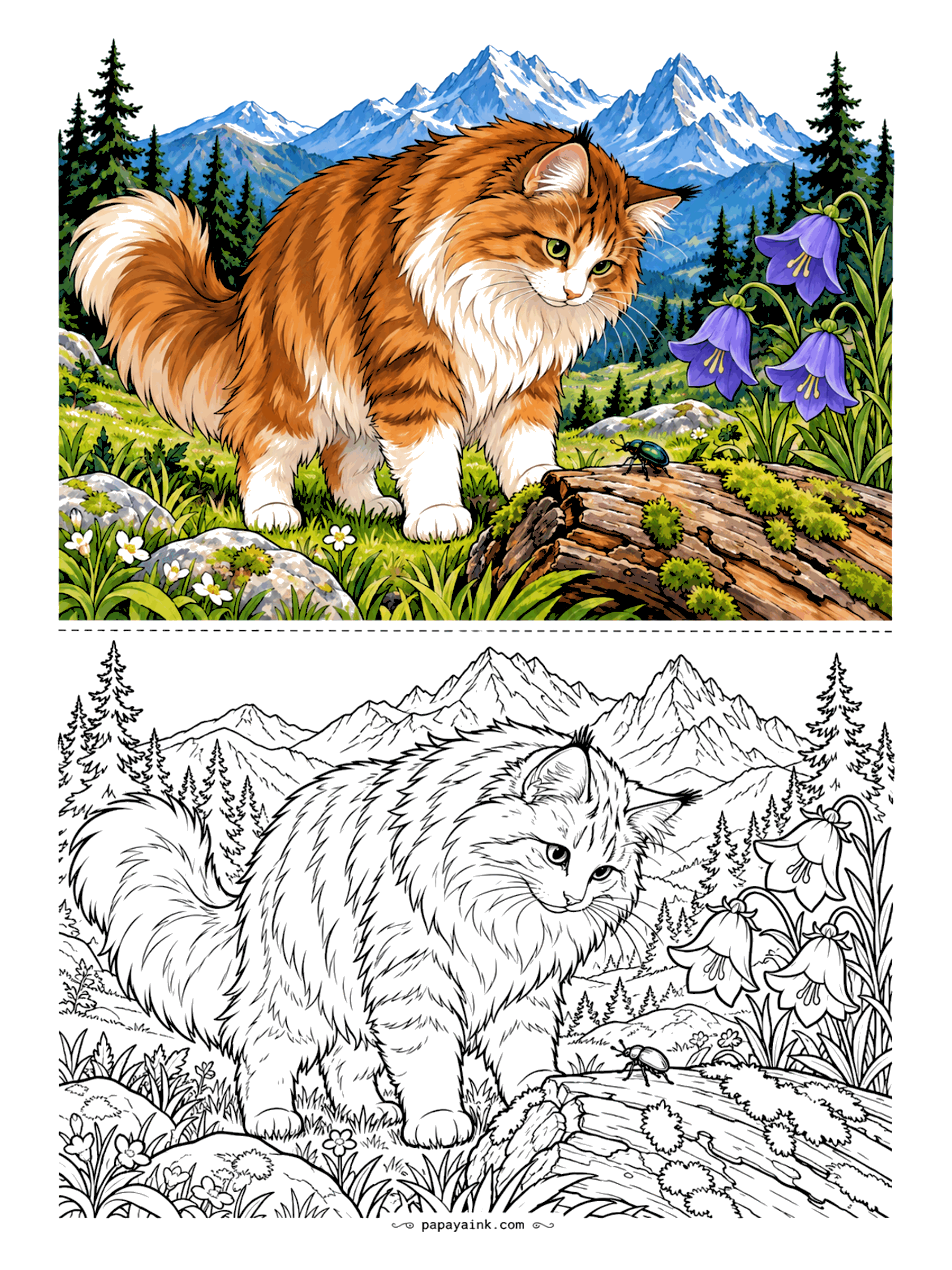 Cat Coloring Pages - Snowy peaks behind, bluebells underfoot, and a Norwegian Forest Cat stepping along a fallen log. The coat is the whole job: cream chest, ginger back, and a tail as thick as the rest of the cat. Detailed.