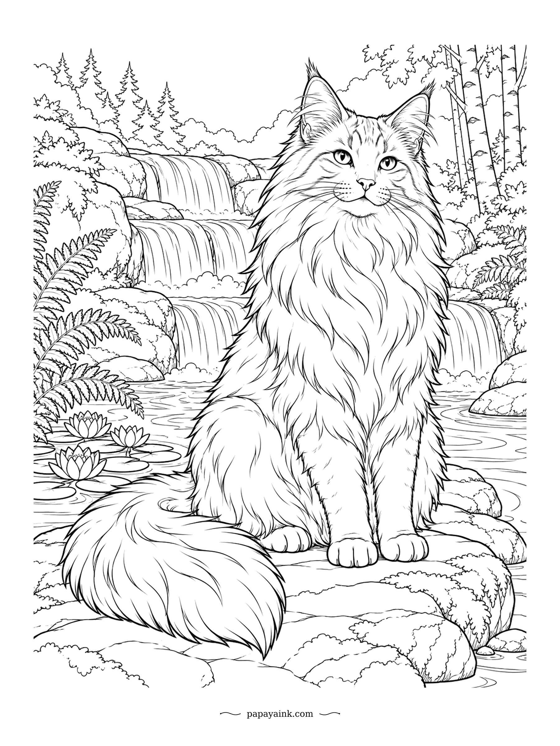 Cat Coloring Pages - Sitting square on the rocks below a waterfall, ferns and water lilies to either side, pines on the ridge. The Norwegian Forest Cat carries a water-resistant double coat built for exactly this kind of weather. Deep greens and cool greys suit the scene.