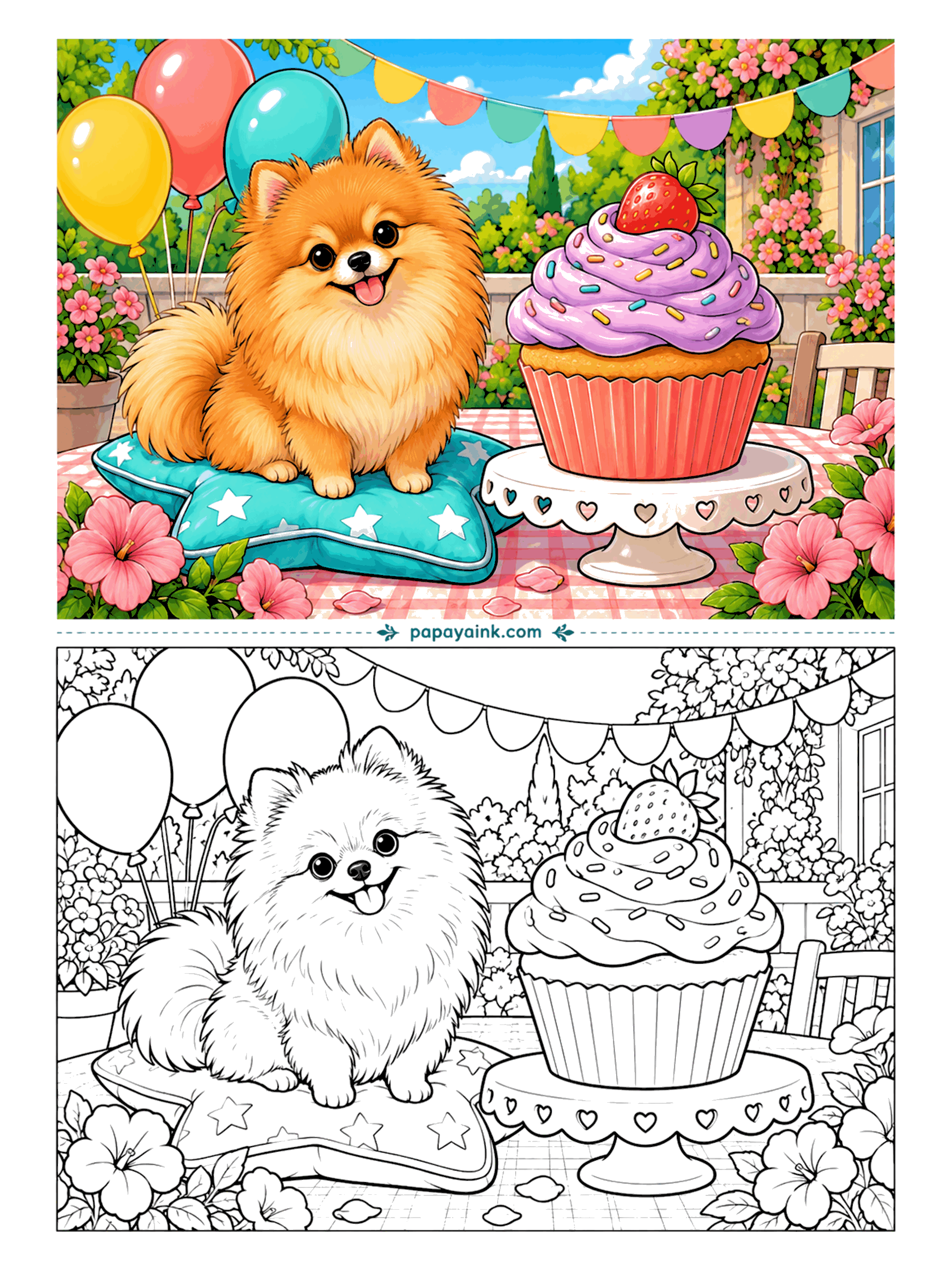 Dog Coloring Pages - No one told the baker that the guest of honor weighs less than the cupcake. A Pomeranian sits on a star-print cushion at a garden party table, with balloons and bunting overhead and a strawberry on top of the frosting. Fluffy coat, open shapes, plenty of room for sprinkles.