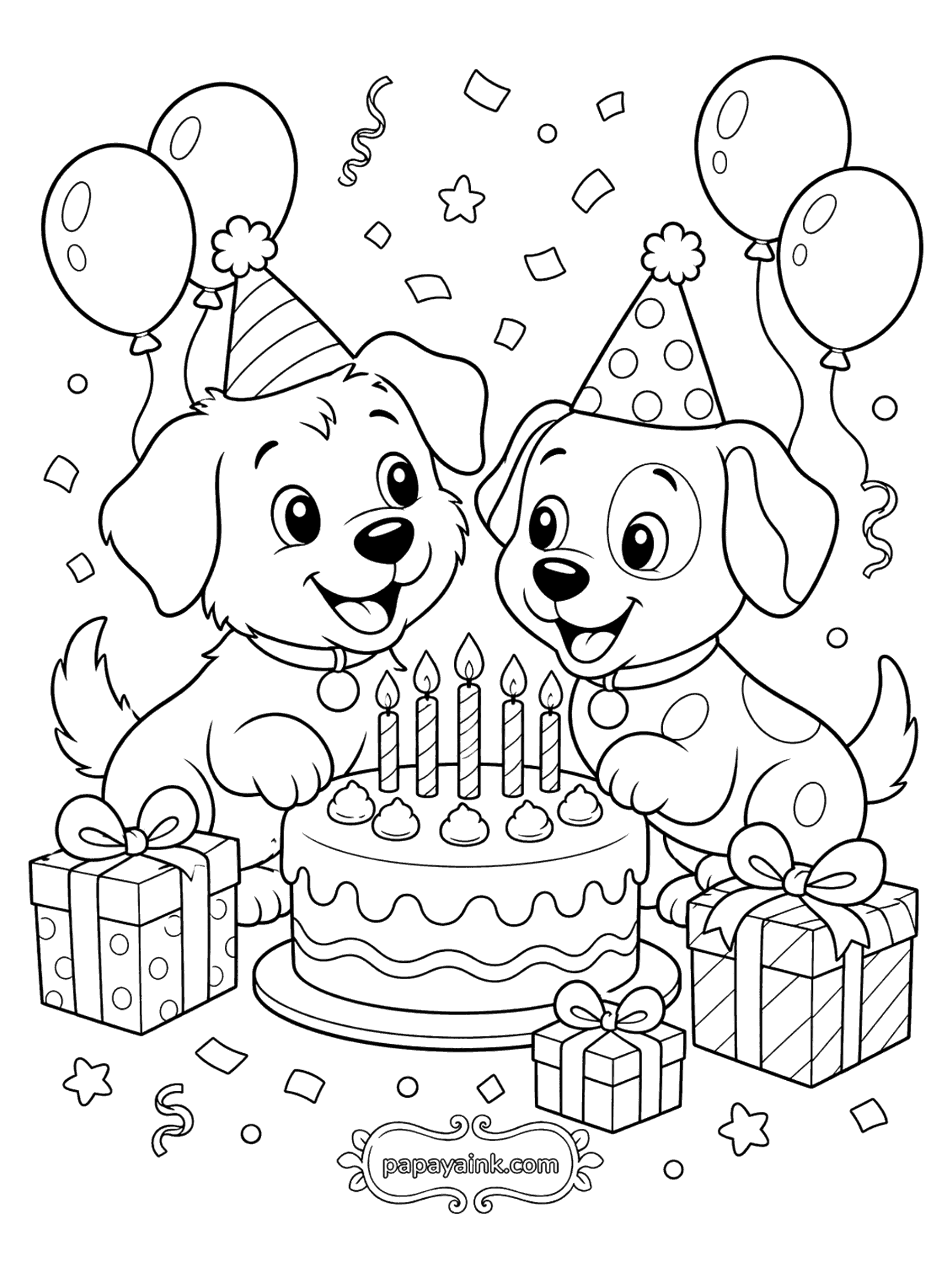 Dog Coloring Pages - Puppies at a Birthday Party (Detailed)