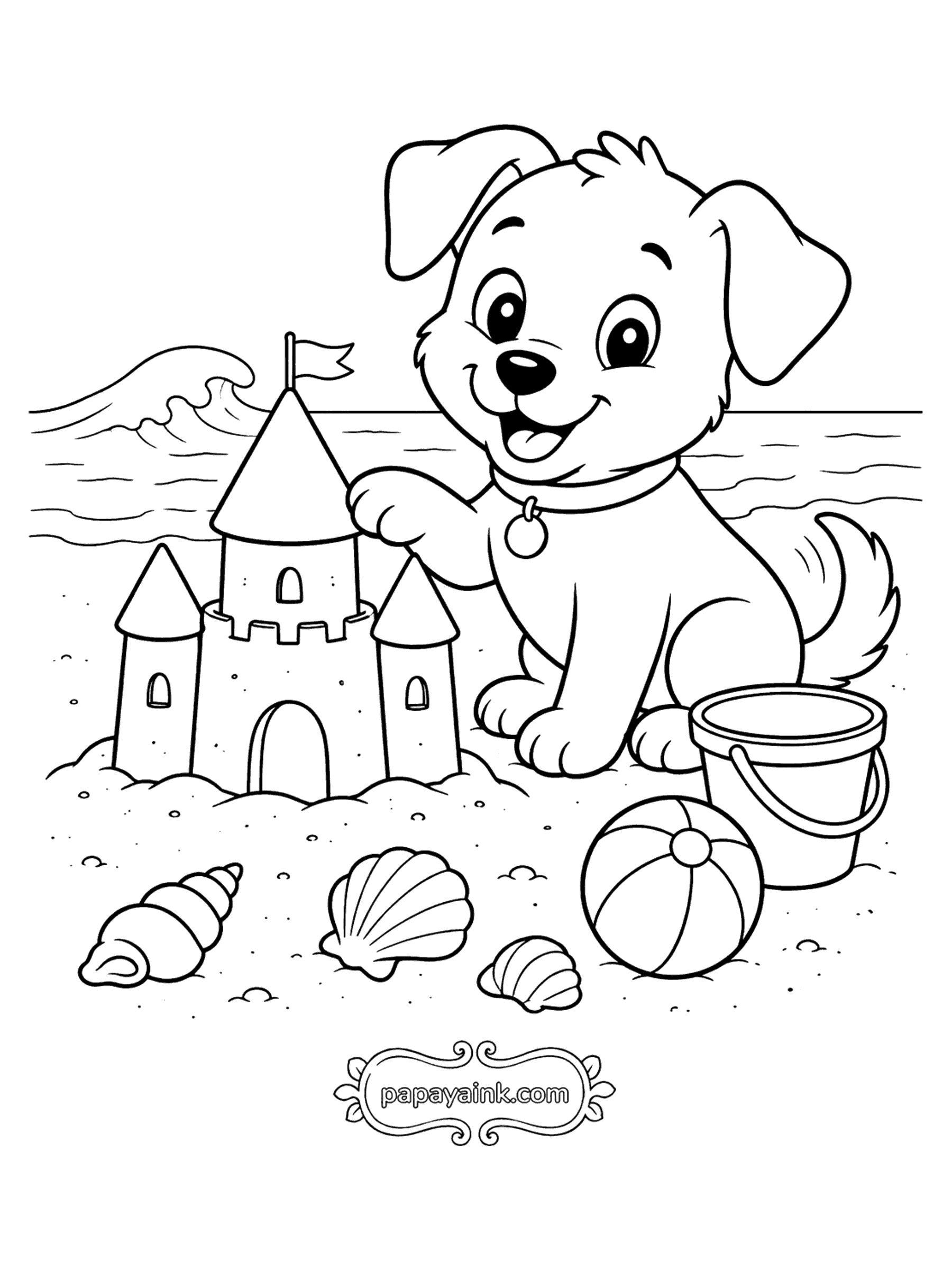 Dog Coloring Pages - Puppy Building a Sandcastle at the Beach