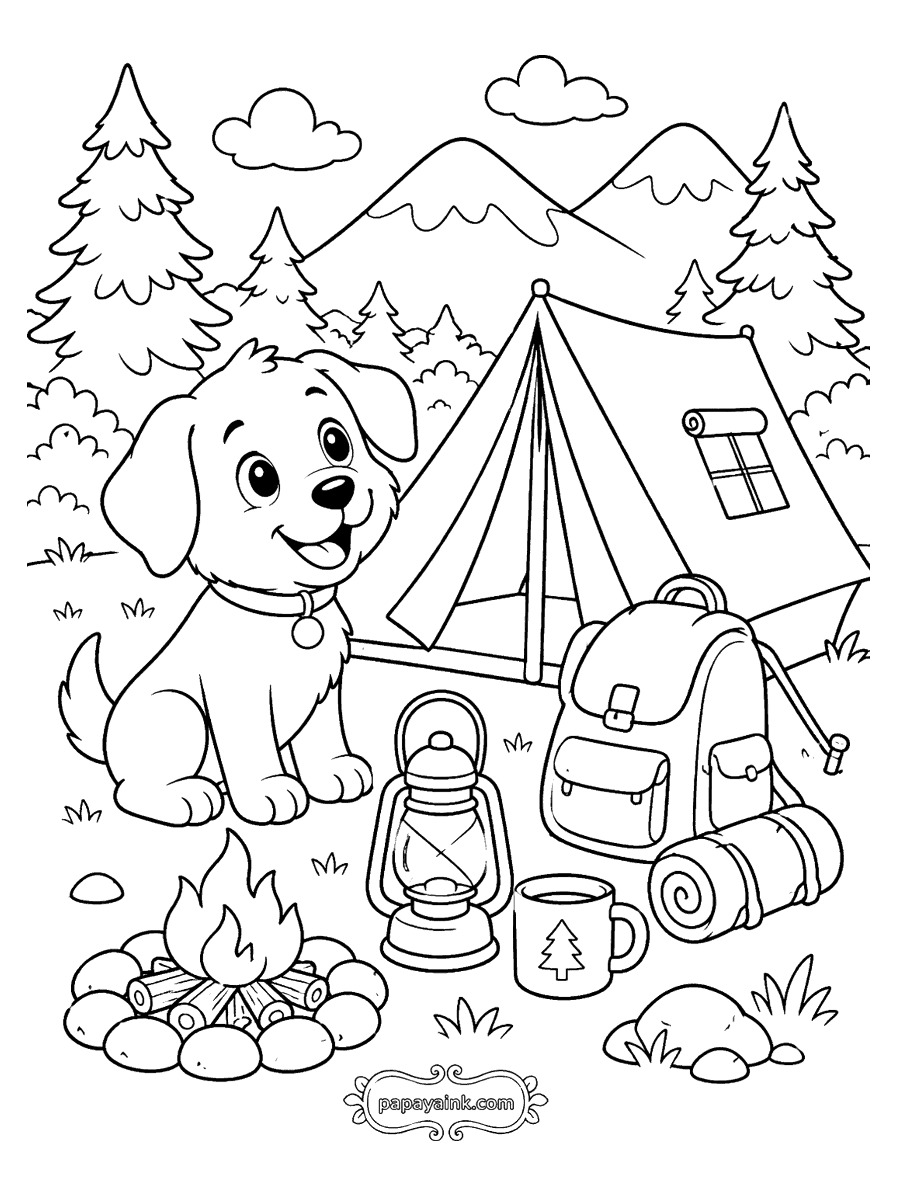 Dog Coloring Pages - Puppy Camping in the Mountains (Detailed)