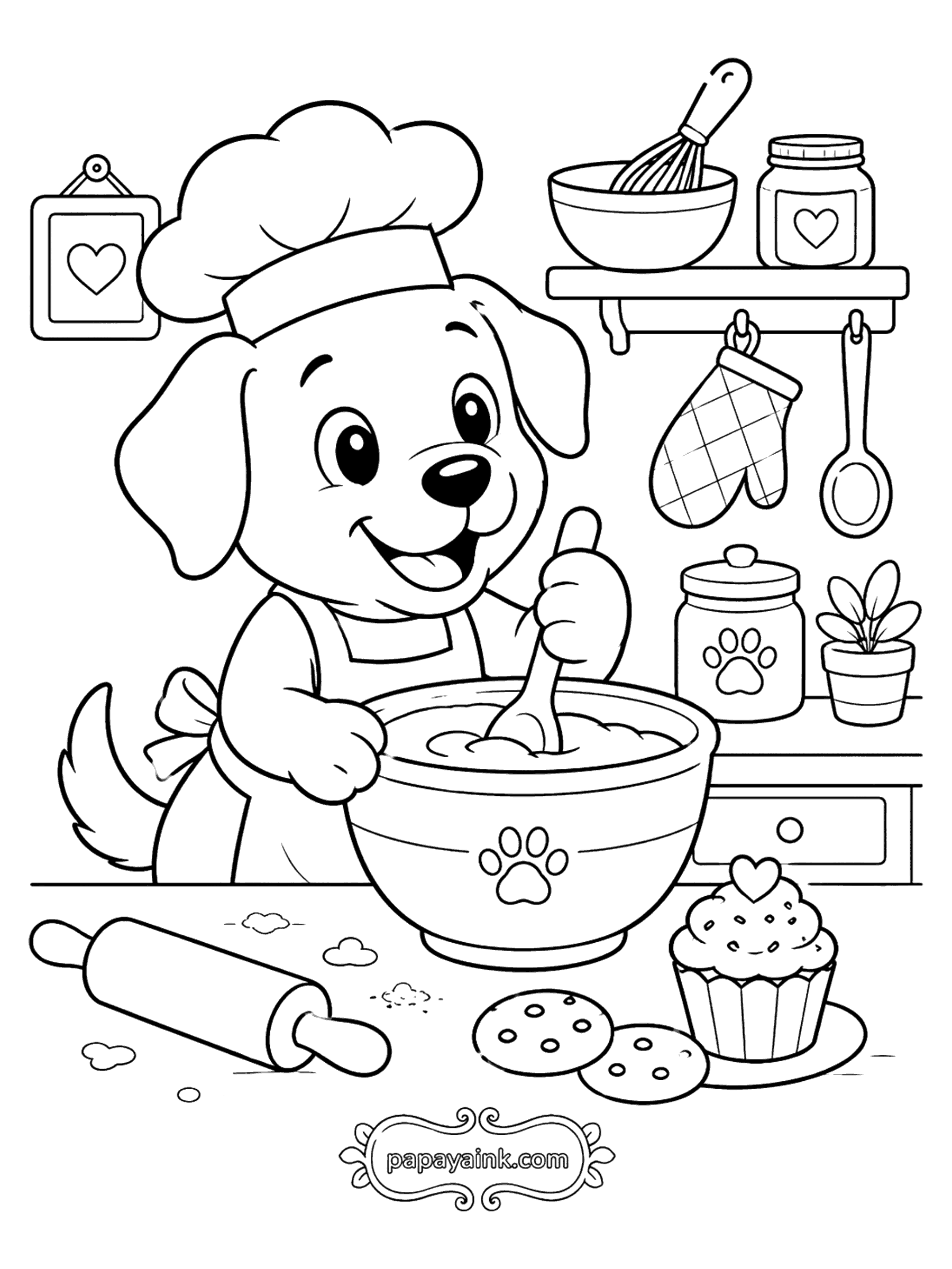Dog Coloring Pages - Puppy Chef Baking Cookies (Detailed)