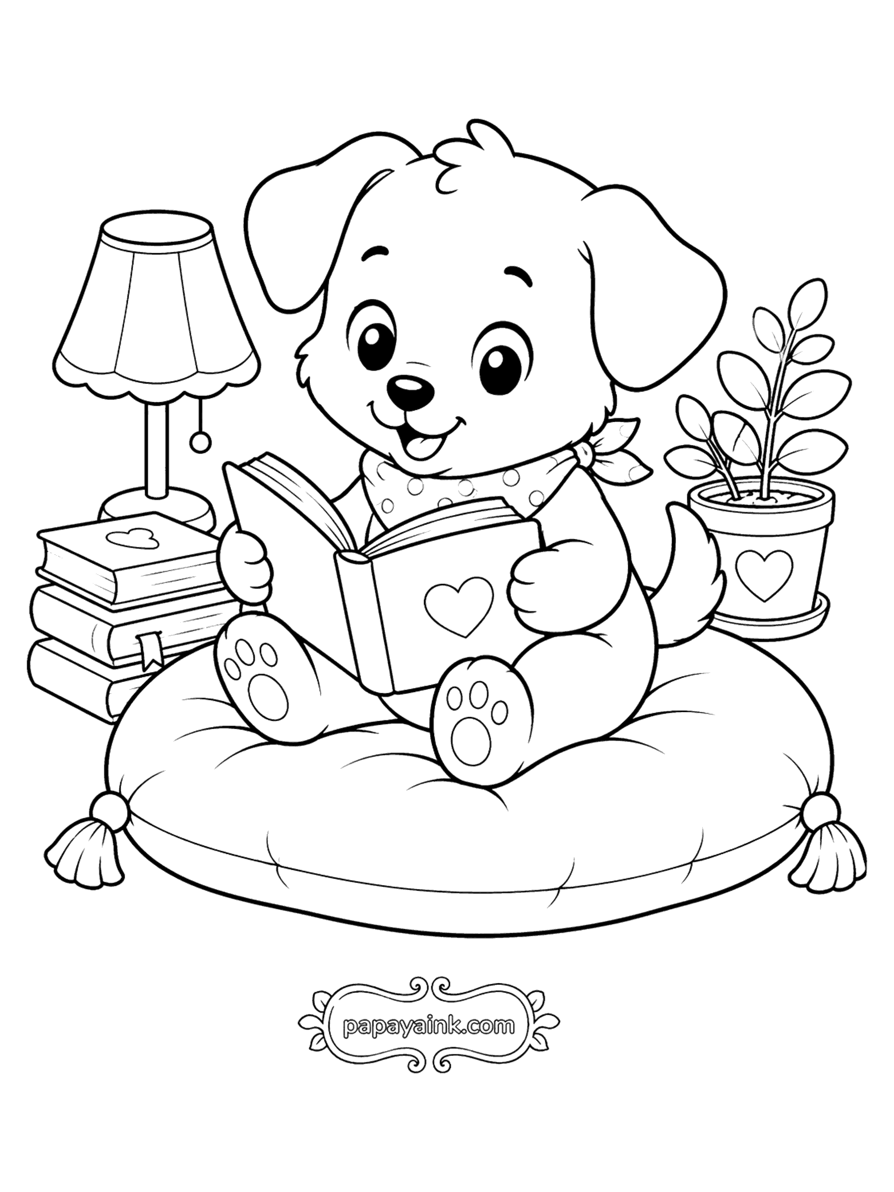 Dog Coloring Pages - Puppy Reading a Book on a Pillow