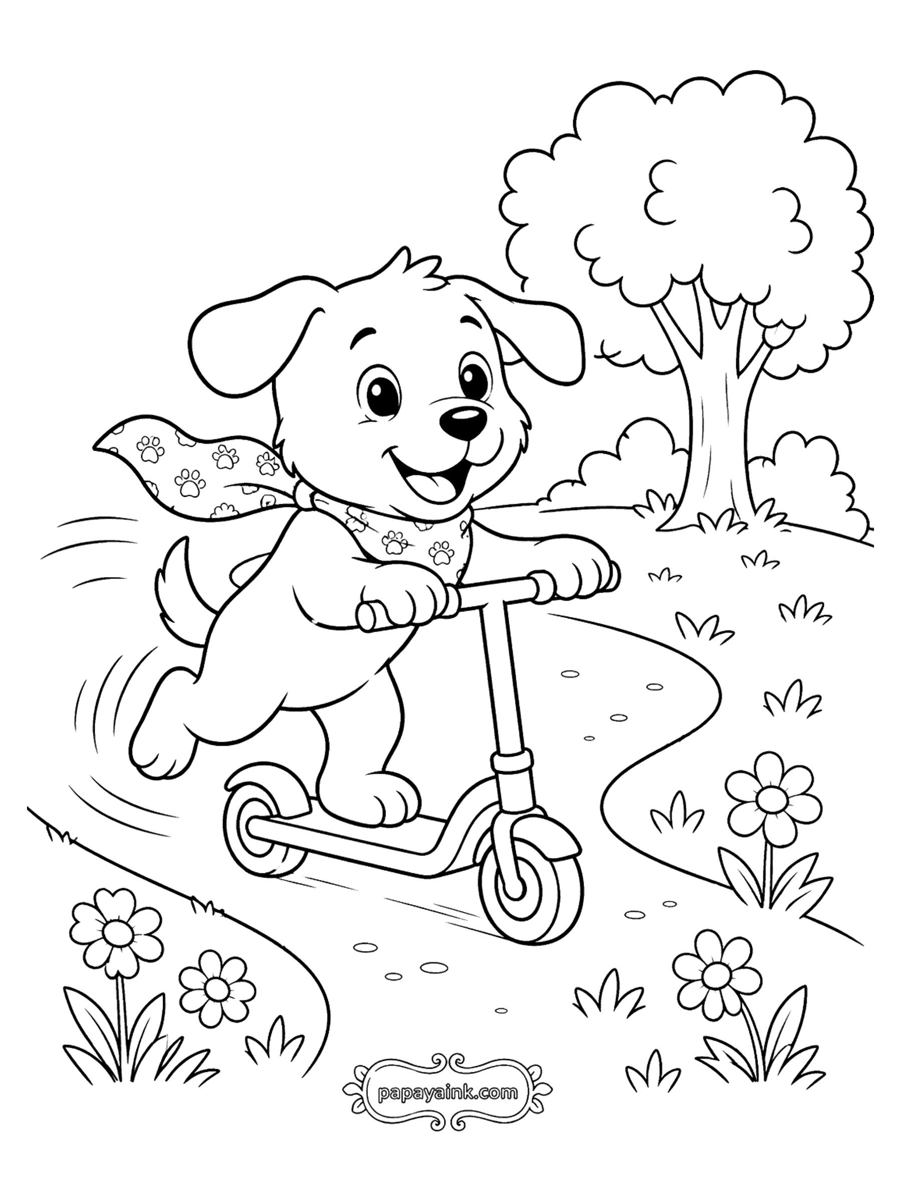 Dog Coloring Pages - Puppy Riding a Scooter