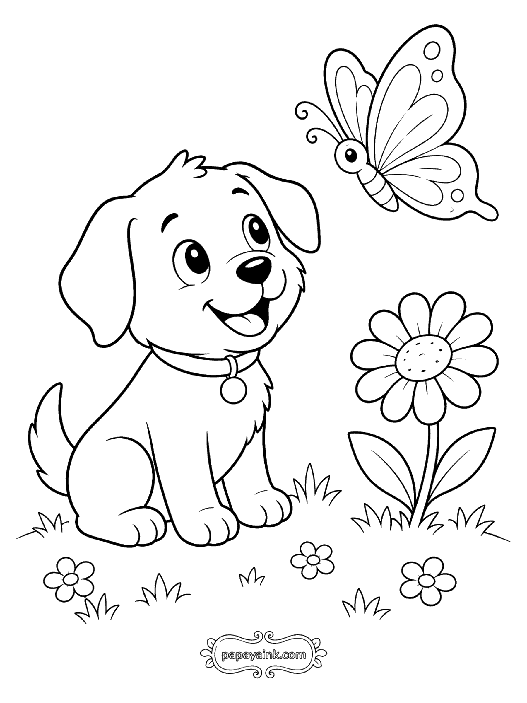 Dog Coloring Pages - Puppy Watching a Butterfly