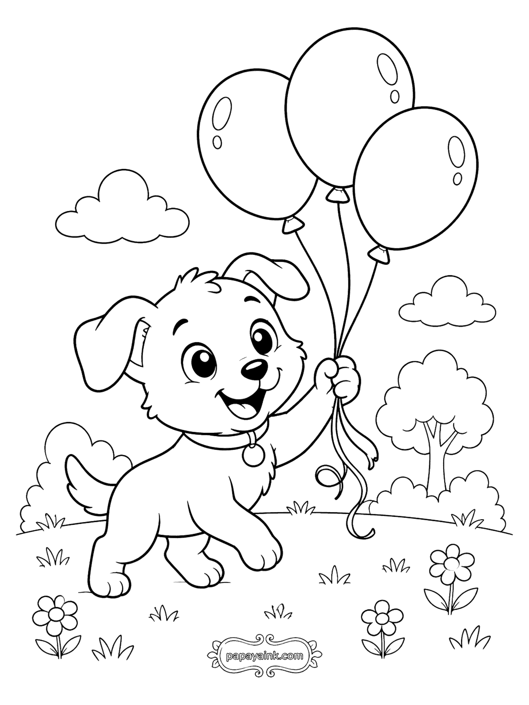 Dog Coloring Pages - Puppy with Three Balloons