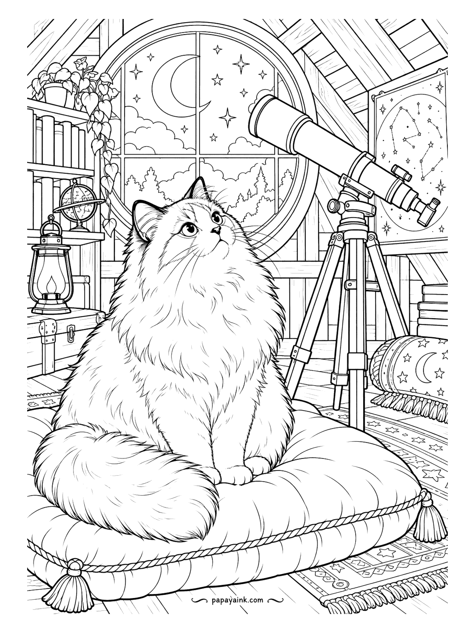 Cat Coloring Pages - An attic observatory with a round window, a telescope and a star chart on the wall. The Ragdoll on the tasseled cushion is looking at the moon instead of through the lens. Try a dark sky behind the panes and leave the stars white.