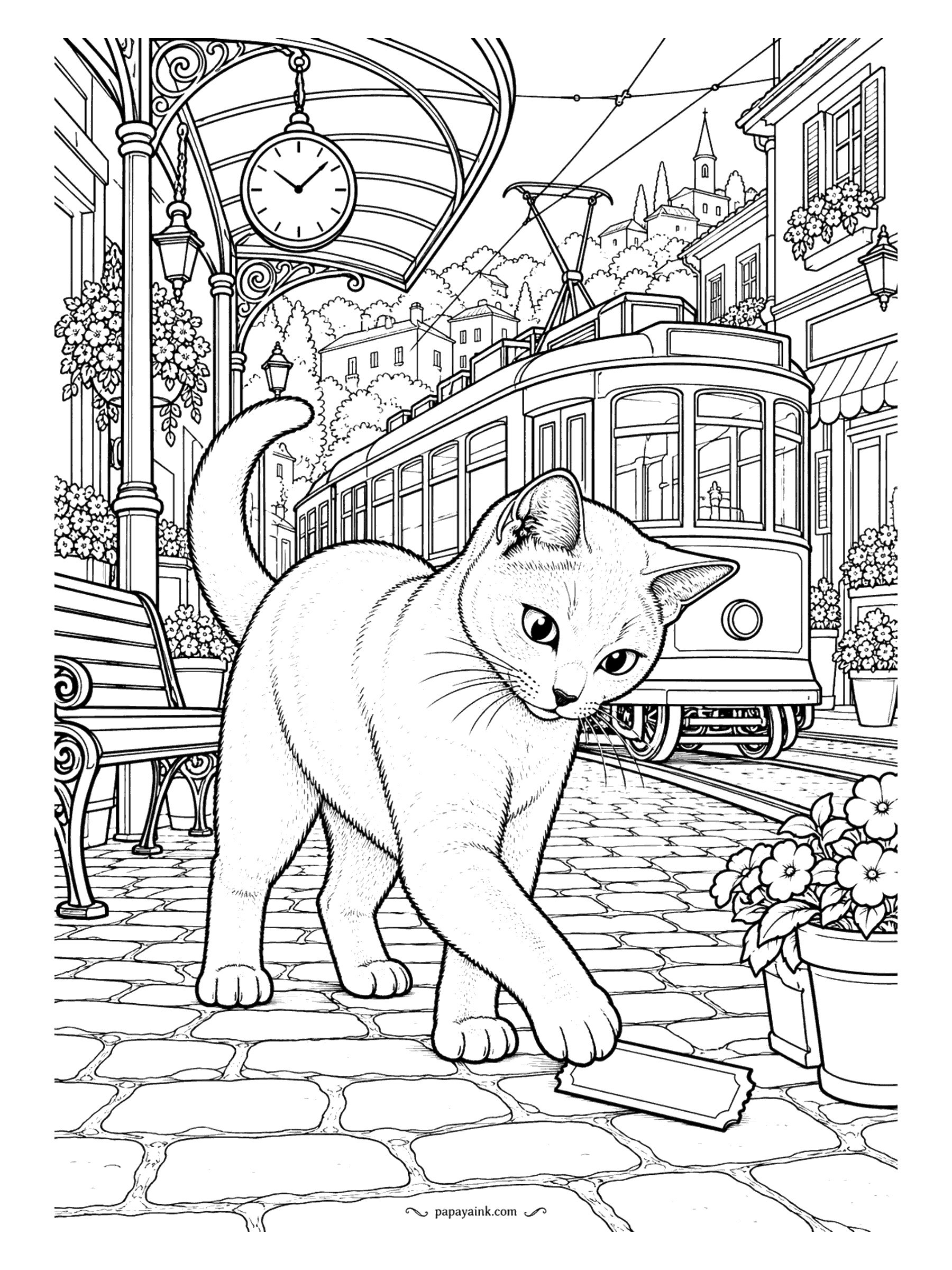 Cat Coloring Pages - Tram stop on a cobbled street, with a clock under the iron canopy and the tram just pulling in. A Russian Blue has found a ticket on the stones and is holding it down. Gray cat, warm lamps - a nice contrast.