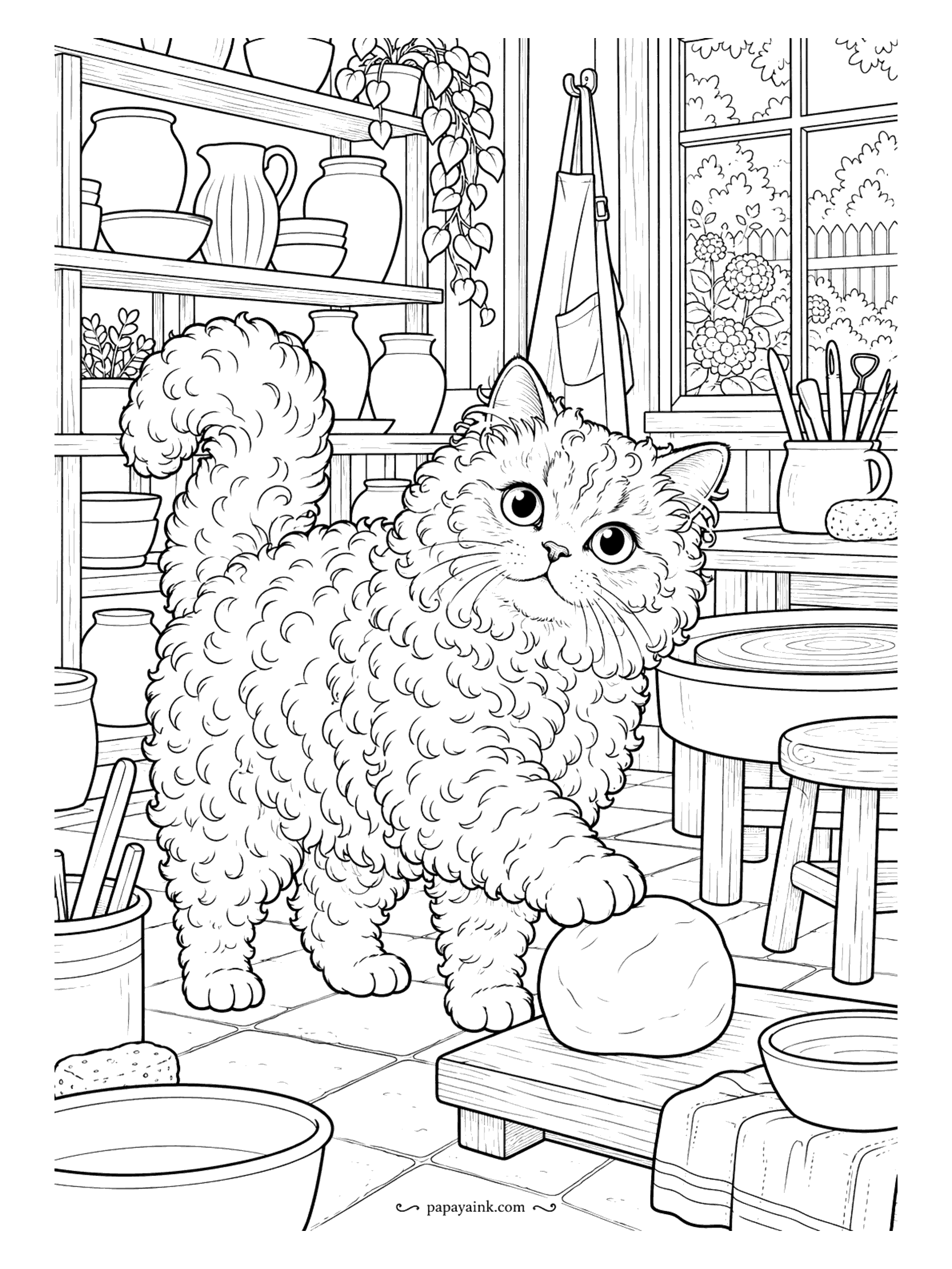Cat Coloring Pages - Curls everywhere: a Selkirk Rex standing on the pottery bench between the lump of clay and the shelves of finished jugs, with a wheel and a bucket on the floor. The coat is a page of little loops - slow and satisfying.