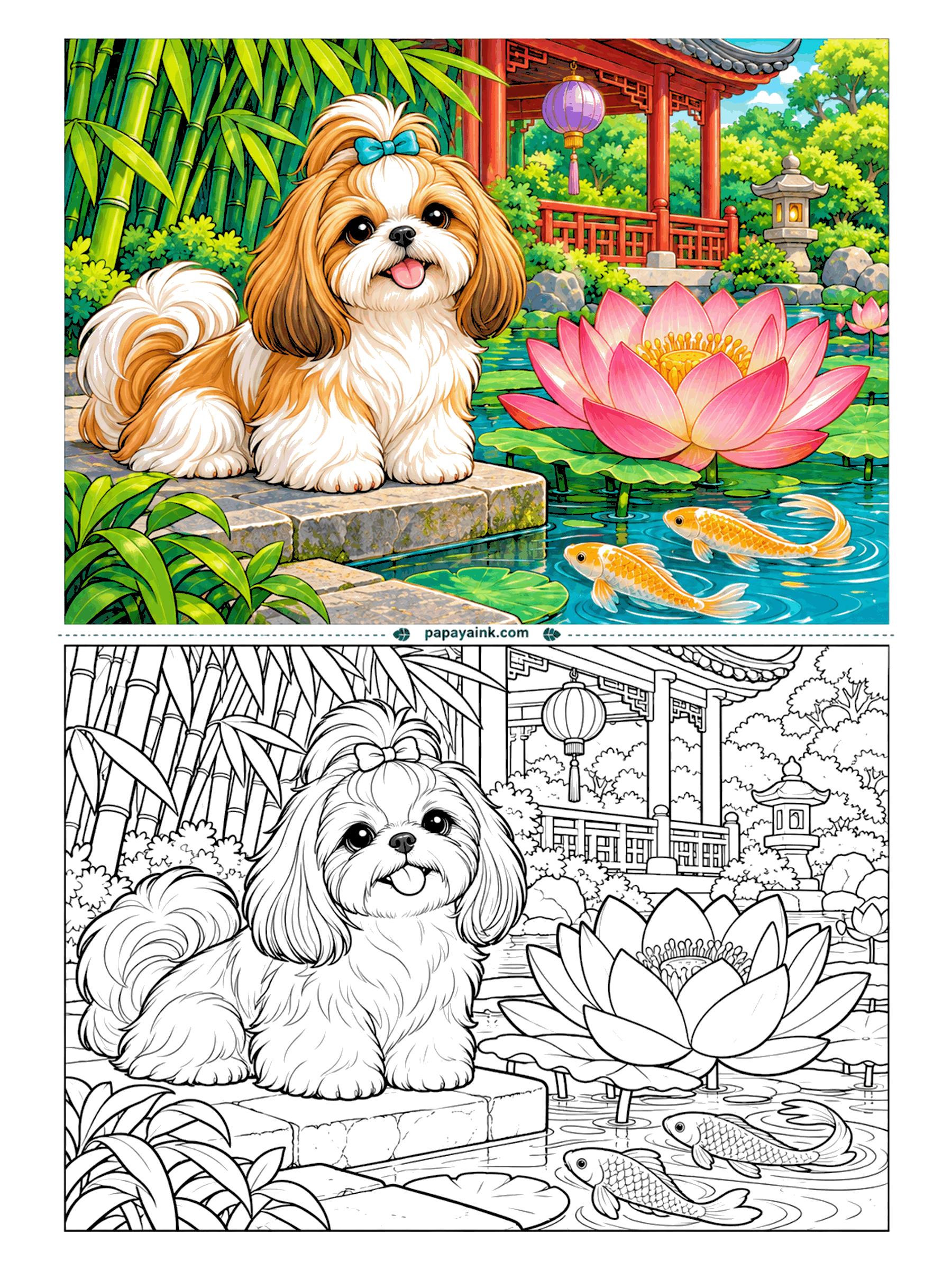 Dog Coloring Pages - Two koi circle the pond, a lotus opens at the edge, and the Shih Tzu on the stone step supervises all of it. Bamboo, a paper lantern and a red pavilion fill the garden behind. The lotus petals shade well from deep pink at the tips to almost white at the base.