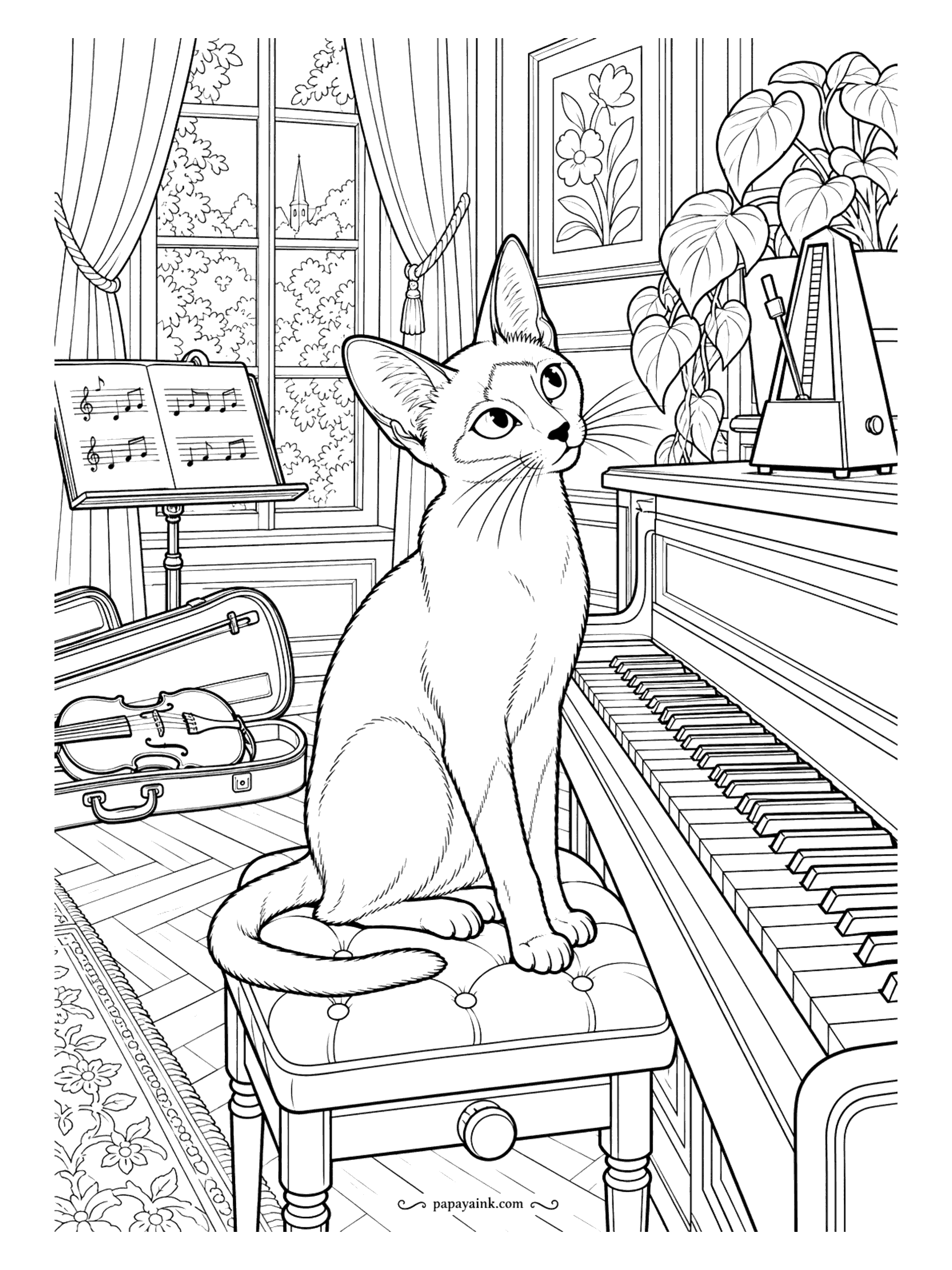 Cat Coloring Pages - Music room, piano open, metronome ticking. The Siamese sits on the tufted stool as if the next piece is hers, with a violin case on the floor and sheet music on the stand. Keep the points dark and the body cream.