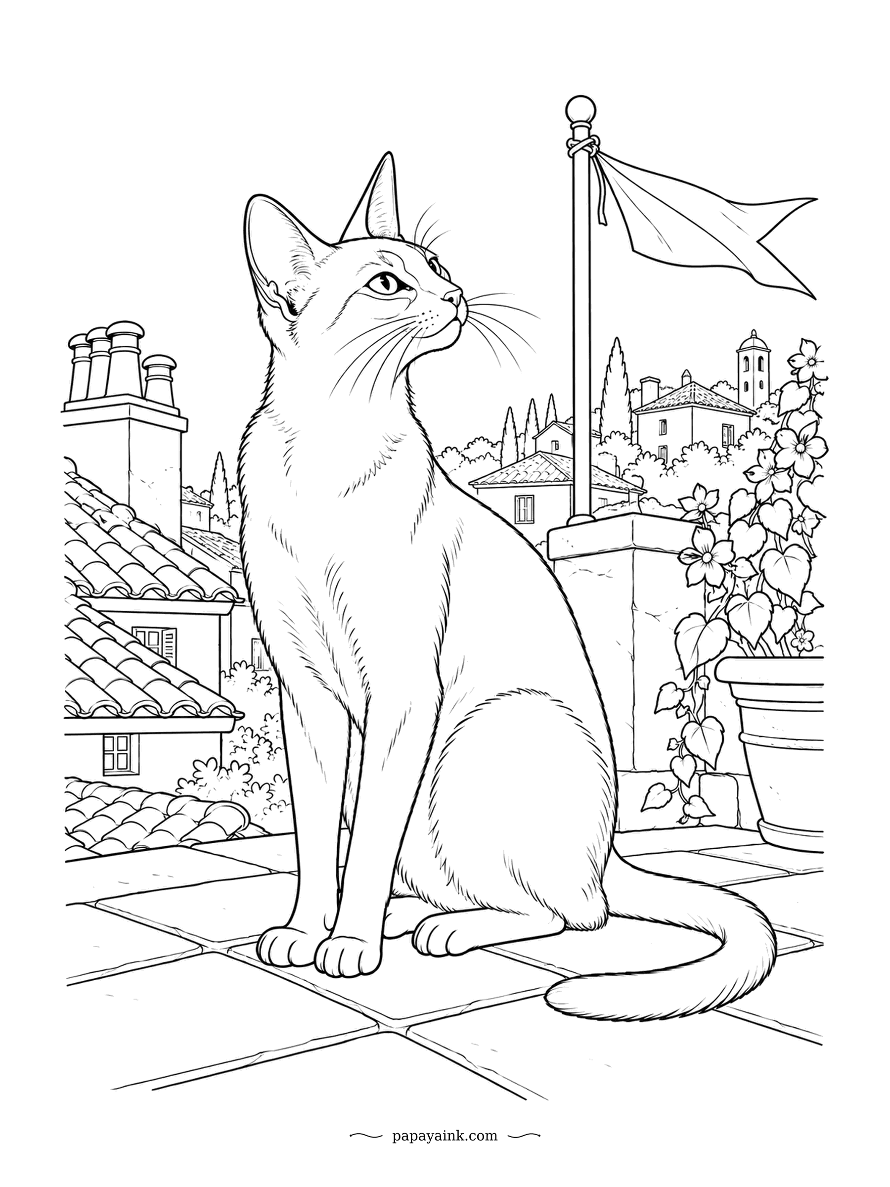 Cat Coloring Pages - Rooftop tiles, chimney pots and a bell tower beyond, and a Siamese with chin raised toward a pennant snapping in the wind. The dark points on a Siamese grow where the body is coolest: ears, face, paws and tail. Terracotta tiles, warm stone.