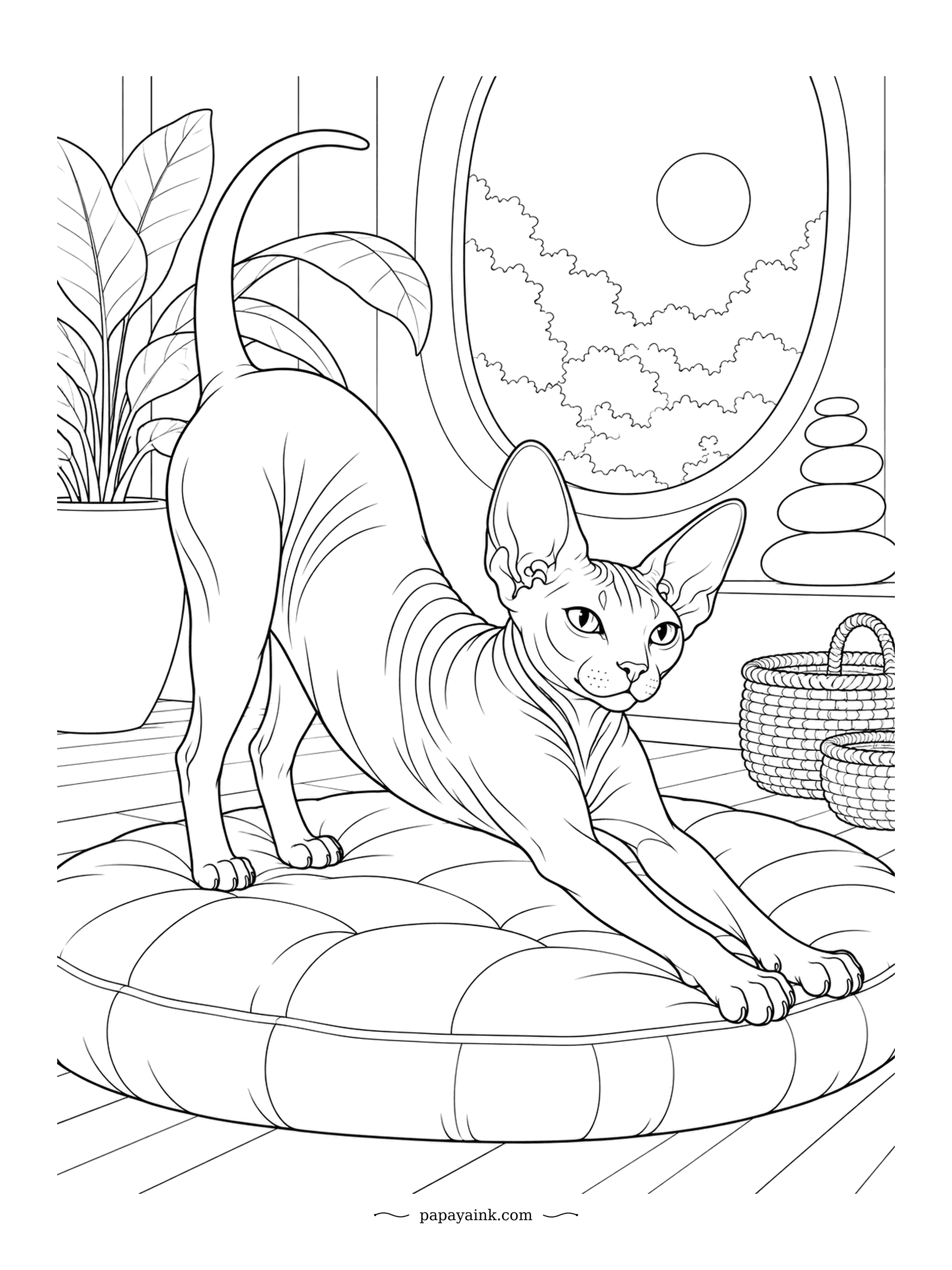 Cat Coloring Pages - Full stretch on a tufted cushion in the sunroom, balanced stones and baskets on the sill. A Sphynx is not quite bald; fine peach fuzz covers the skin, and the body runs warmer than a furred cat. Wrinkles and shadows are the whole job here.