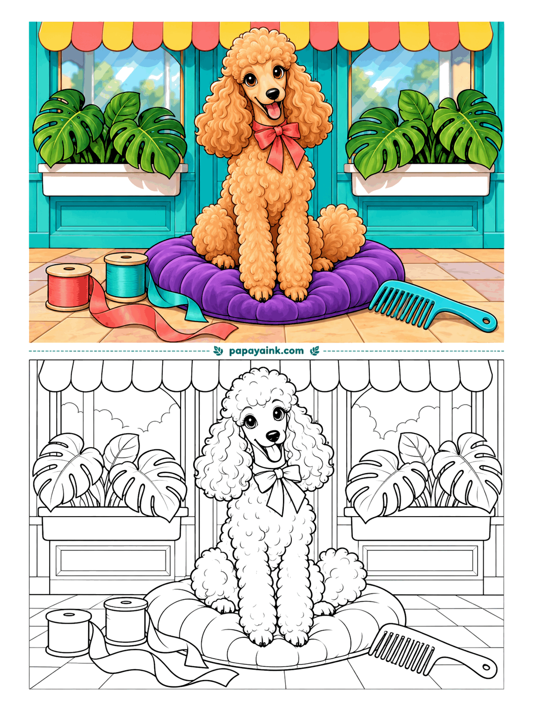 Dog Coloring Pages - Fresh from the groomer and fully aware of it. A standard poodle poses on a tufted cushion outside the salon, bow tied, with a comb and spools of ribbon on the tiles. Small circular strokes give the curls their texture.