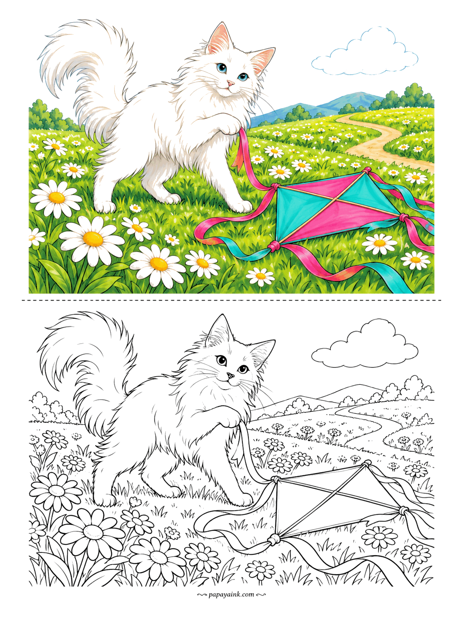 Cat Coloring Pages - A white Turkish Angora on the meadow with a kite ribbon in her teeth, the kite itself resting in the daisies. Hills, a path and a clear sky. The cat stays white - the fun is in the kite and the pink ribbon.