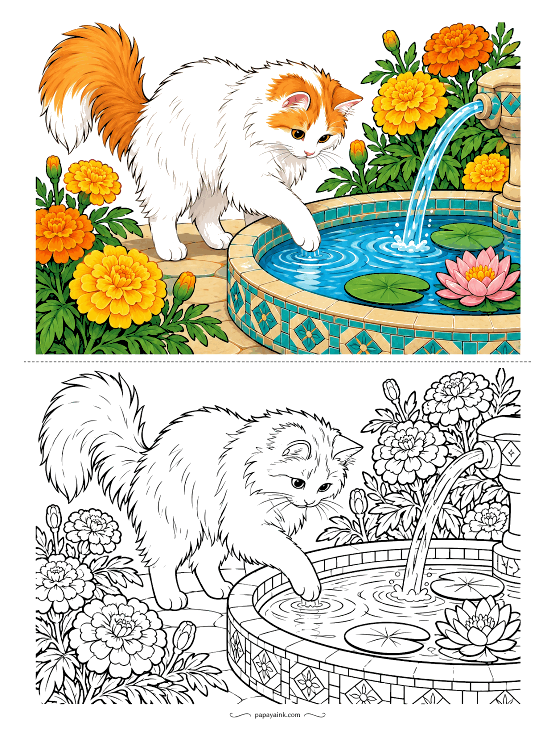 Cat Coloring Pages - Paw in the fountain, orange cap and tail: a Turkish Van among the marigolds, fishing for a pink water lily. This is the breed that likes water, so nobody is surprised. Tiles around the basin, petals everywhere.