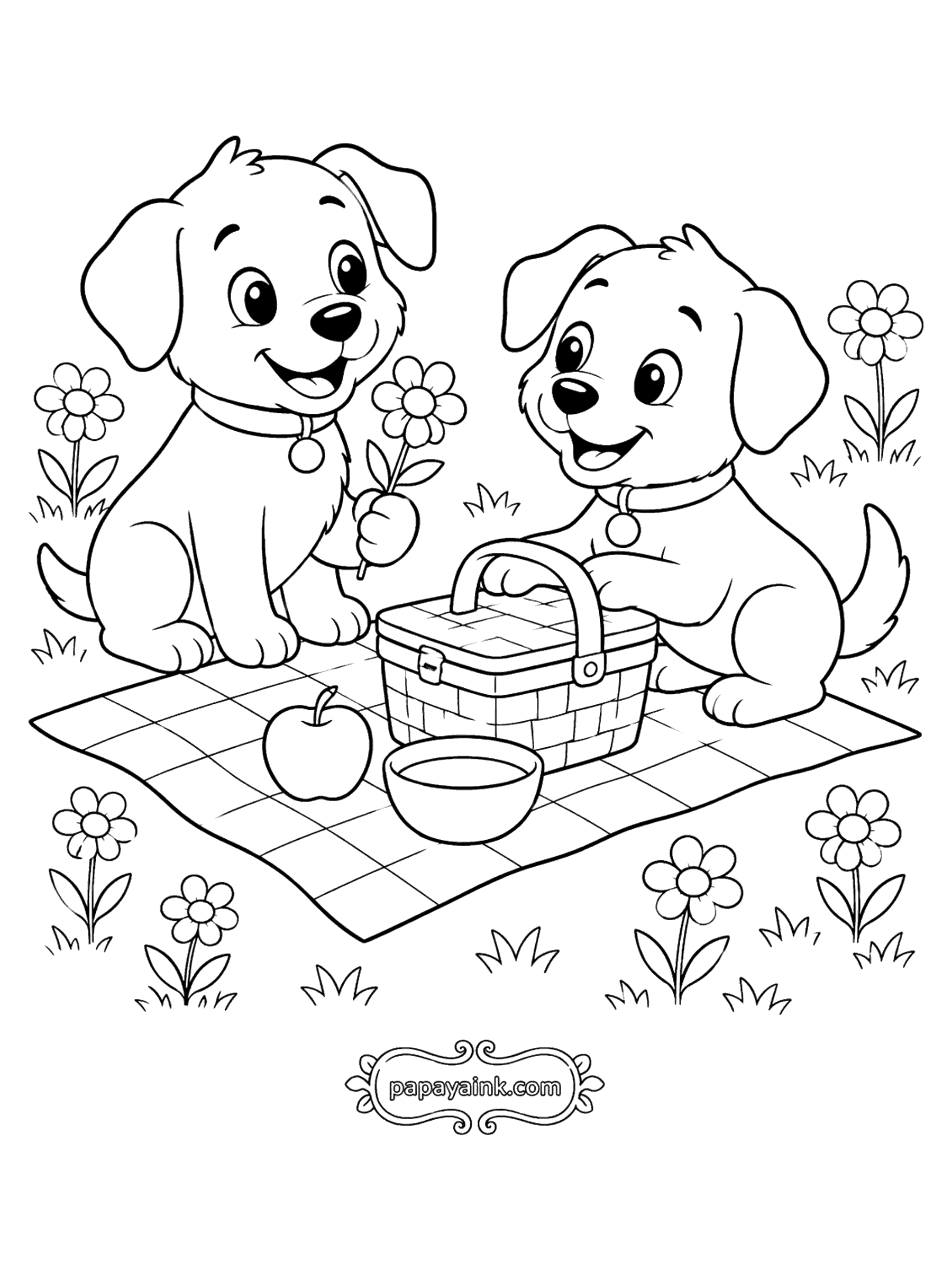 Dog Coloring Pages - Two Puppies Having a Picnic