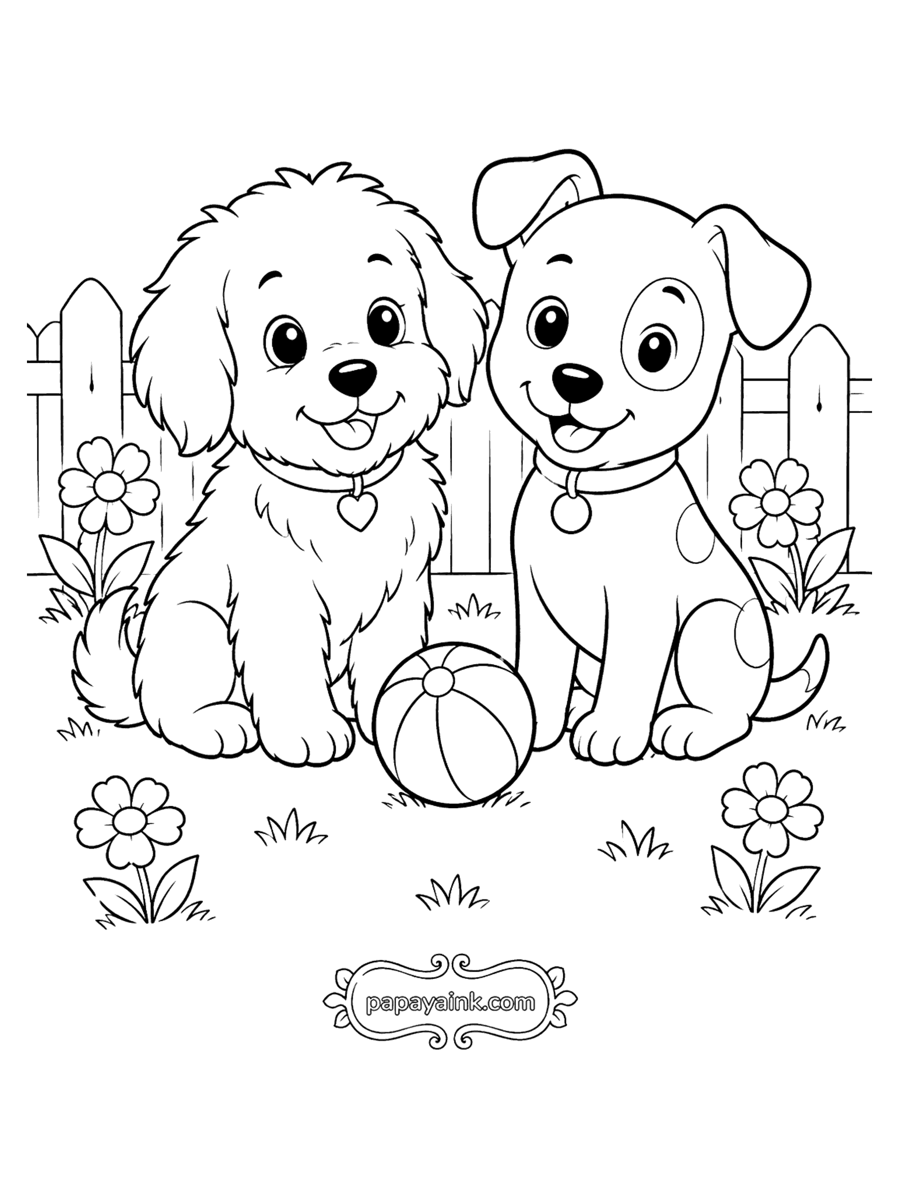 Dog Coloring Pages - Two Puppies Playing with a Ball