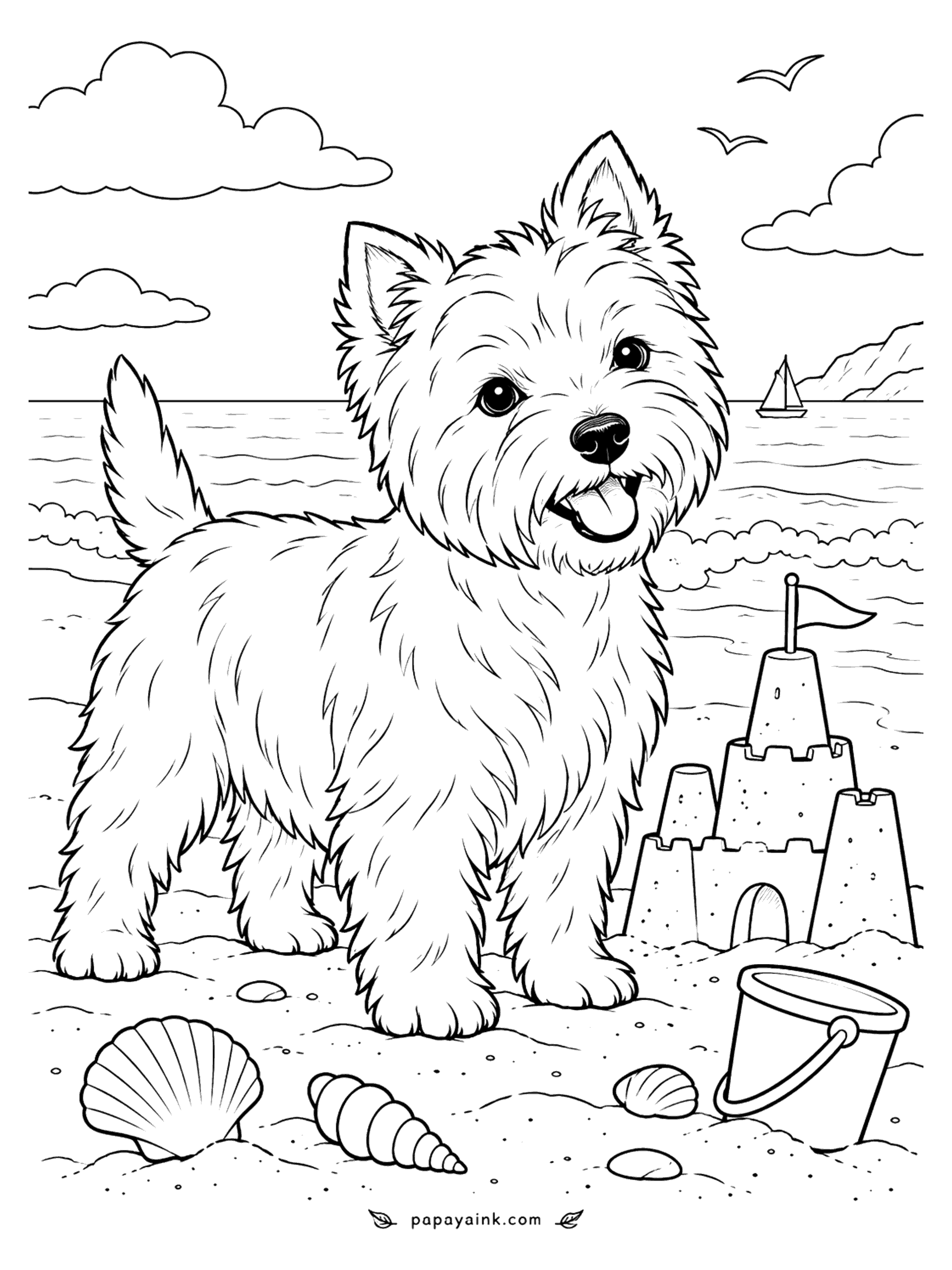Dog Coloring Pages - A Westie and a finished sandcastle, flag included. Whether the terrier built it or is about to dig it up is left to the colorist. Easy page - big shells, a bucket, a sailboat on the horizon and a dog that is white from nose to tail.