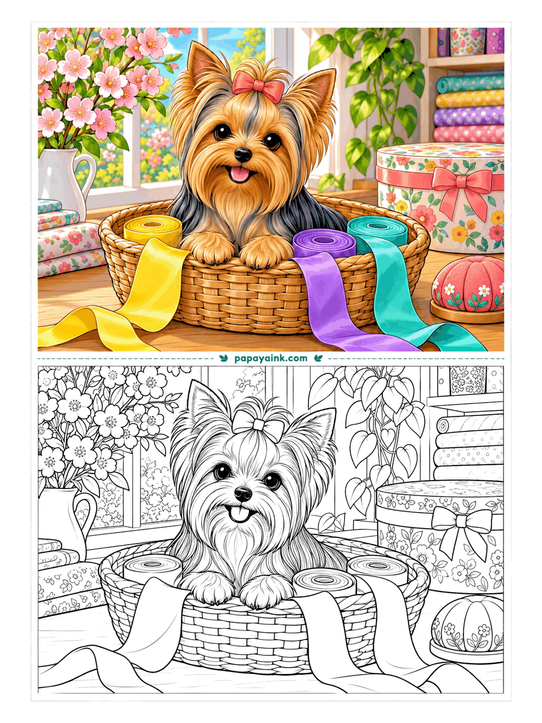 Dog Coloring Pages - Somewhere under the Yorkshire terrier is the ribbon this sewing room needed. She has settled into the basket among the satin rolls with a bow in her topknot and no plans to move. Detailed - floral hatbox, fabric bolts and long silky fur.