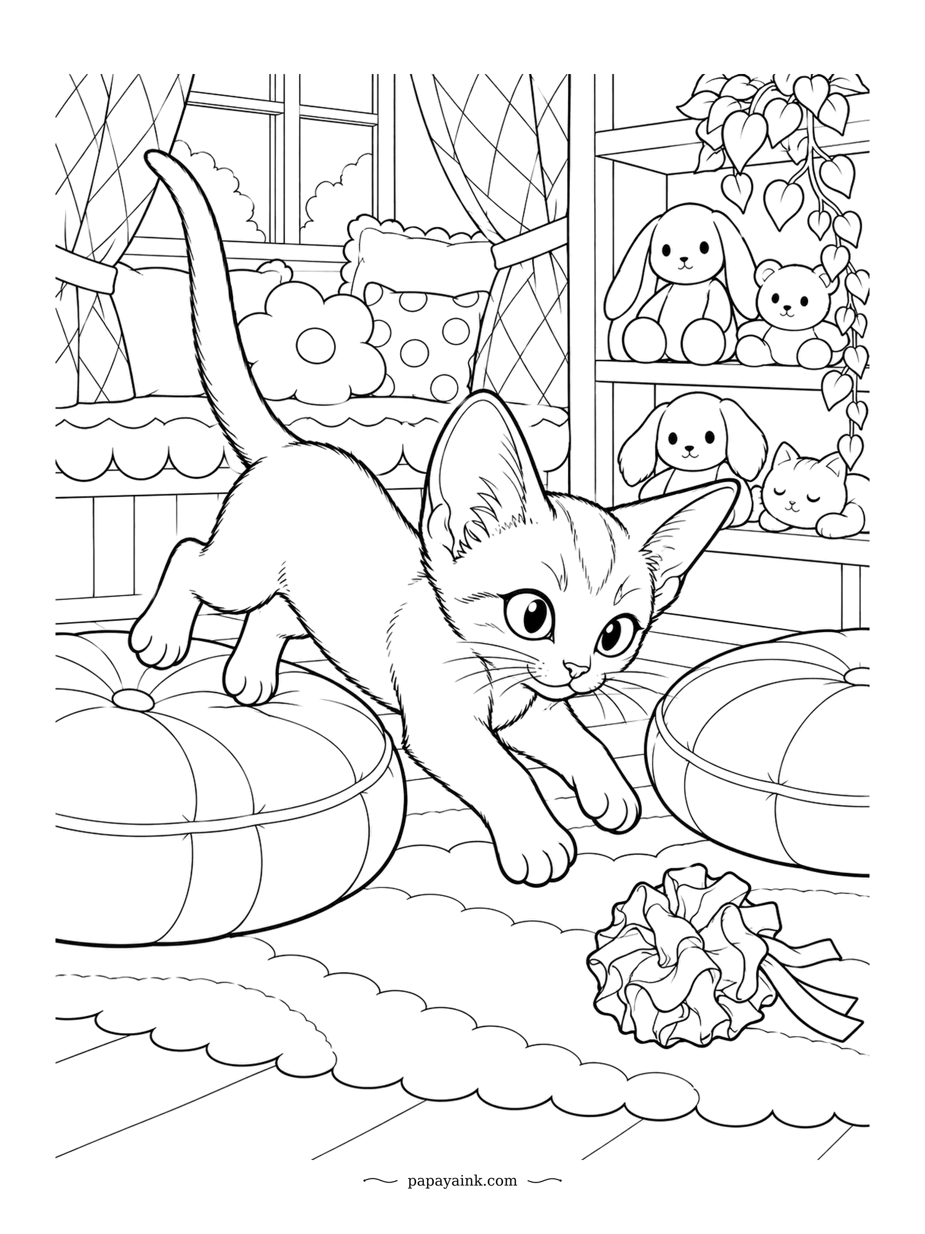 Kitten Coloring Pages - Mid-leap between two floor cushions, with a ribbon pom-pom waiting on the rug and a shelf of plush toys watching the landing. Abyssinian kittens are the athletes of the cat world and rarely sit still. Plenty of pattern on the cushions and the floor.