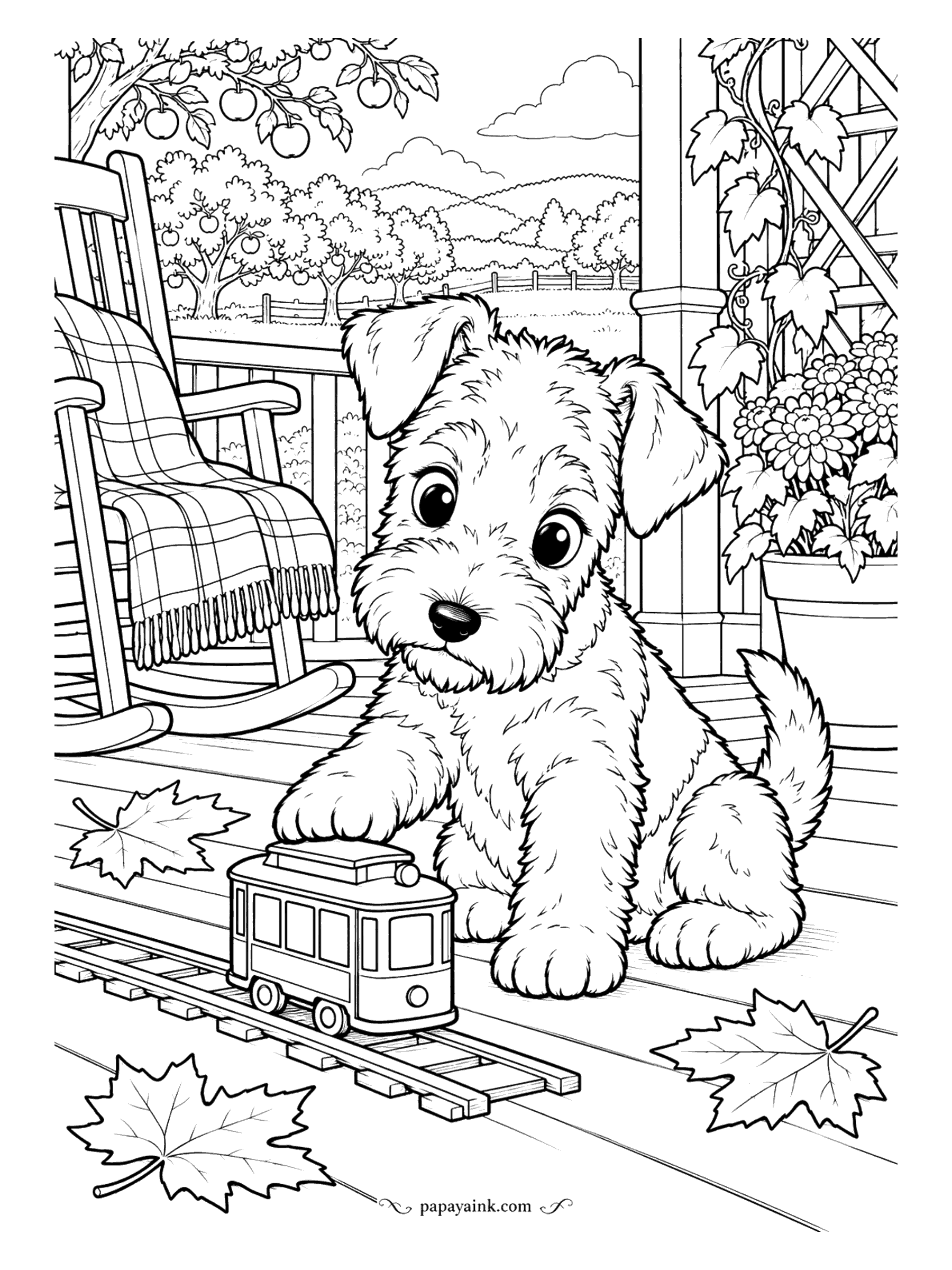 Puppy Coloring Pages - The toy tram has reached the end of the porch, and the Airedale puppy is holding it there. A plaid blanket on the rocking chair, maple leaves on the boards, an orchard across the fence. Warm autumn tones front to back.