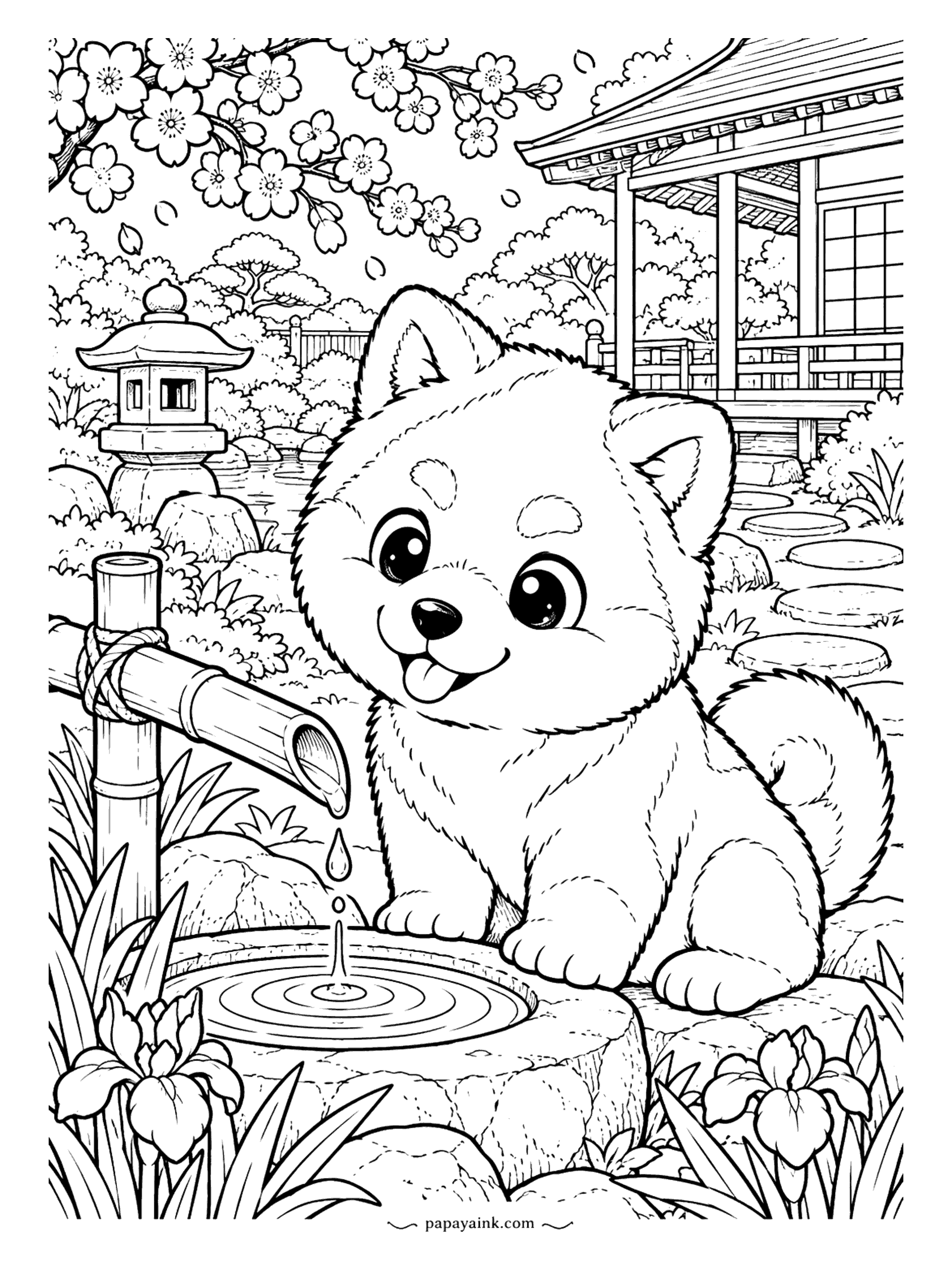Puppy Coloring Pages - Drip, drip. An Akita puppy watches a bamboo water spout fill the stone basin in a Japanese garden, with a stone lantern, a teahouse and cherry blossoms overhead. Pinks and grays, and a lot of patience for the petals.