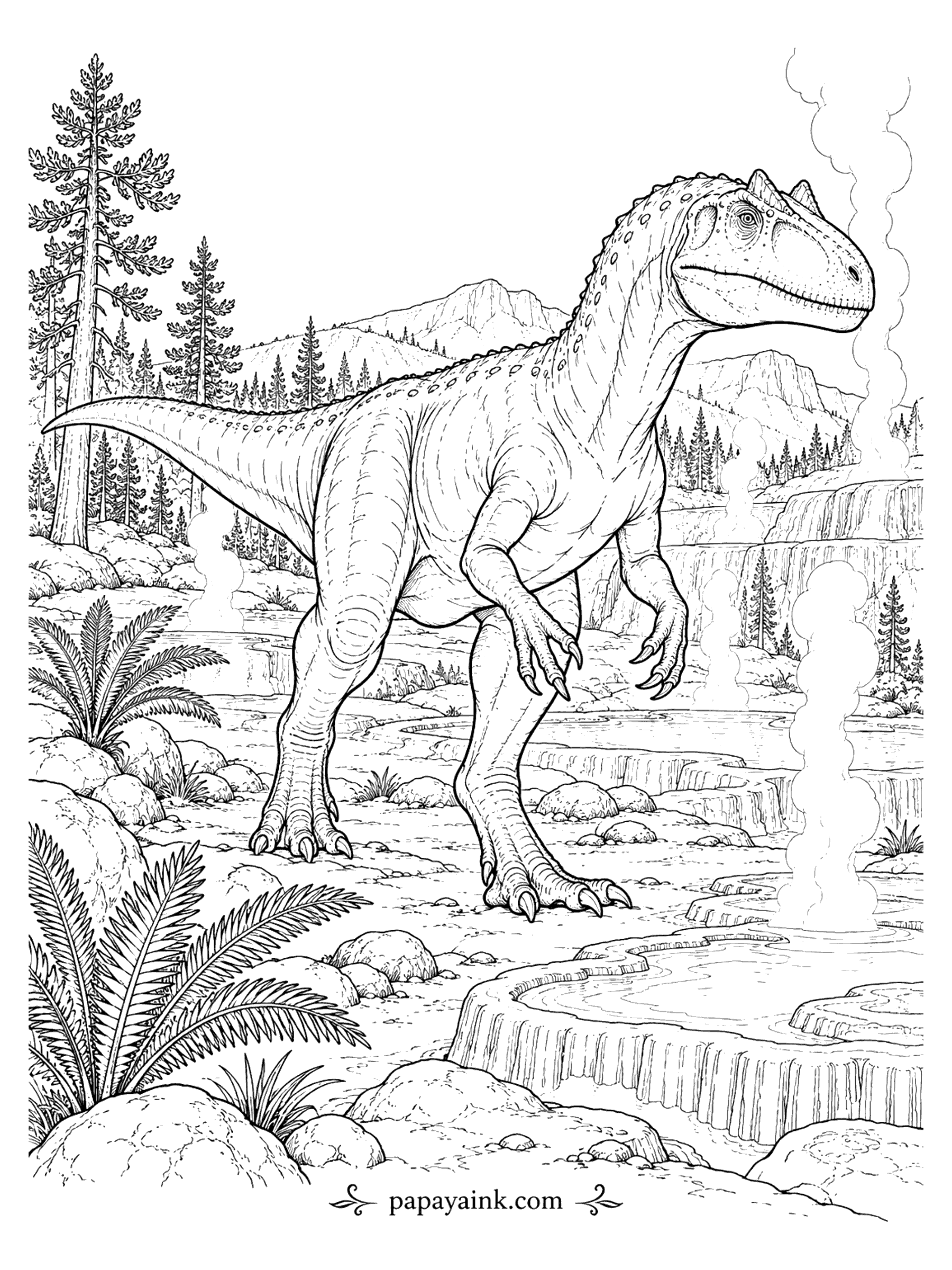 Allosaurus Coloring Pages - Allosaurus crossing a steaming landscape of geysers, terraced hot springs and pine-covered hills.