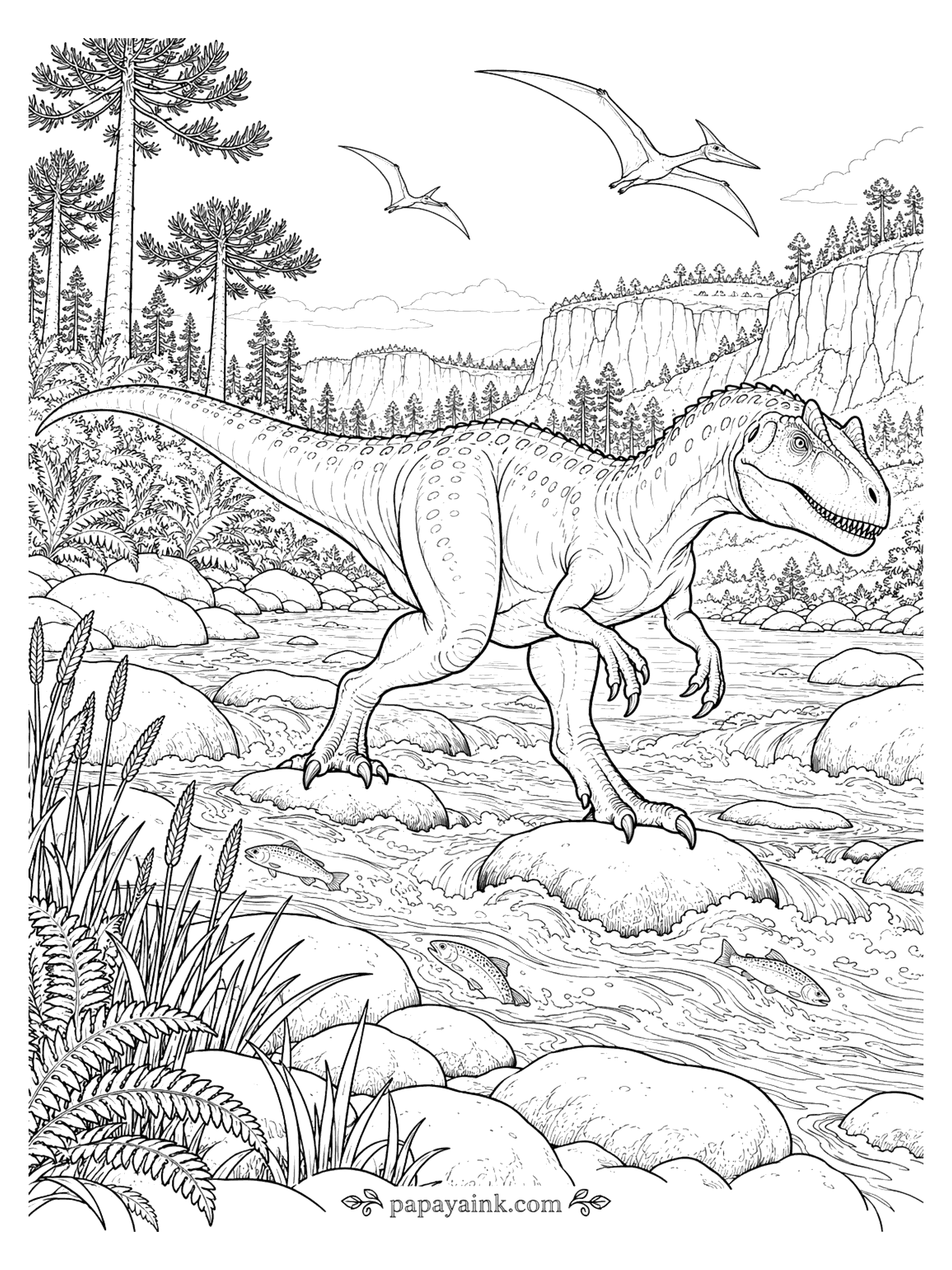 Allosaurus Coloring Pages - Allosaurus stepping from boulder to boulder across a rushing river full of fish, with pterosaurs gliding overhead. Detailed.