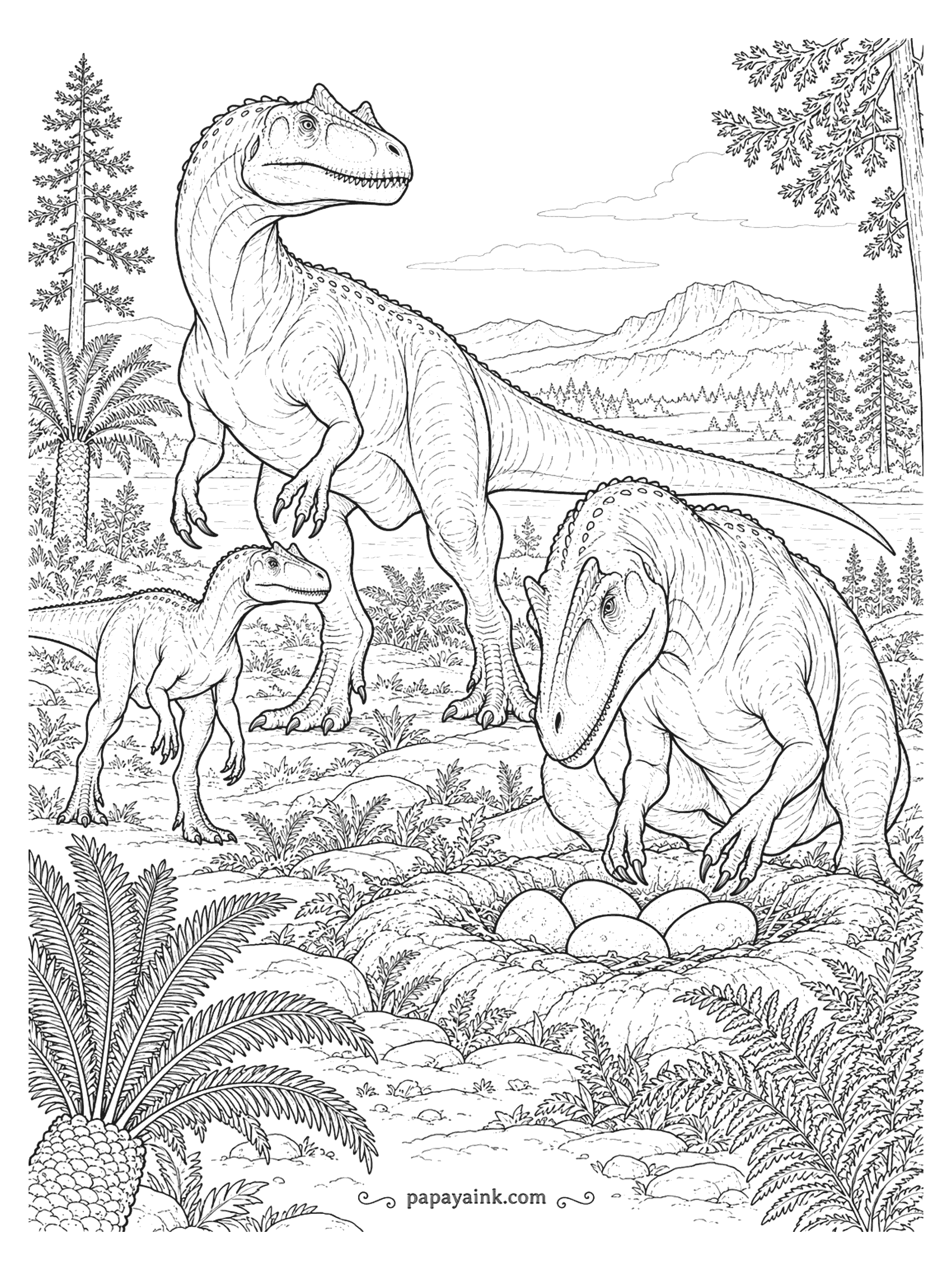 Allosaurus Coloring Pages - Allosaurus family scene: one adult guarding a nest of eggs, another standing watch and a juvenile close by. Detailed.